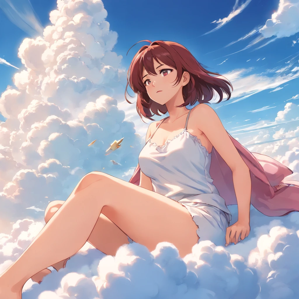 comic strip, mesmerising mature naked woman lying on beautiful fluffy clouds in the sky, (adult woman:1.4), (mature face:1.4), big breast, On thick clouds such as marshmallows, Pink pajamas, Detail enhancement, 8K, super-fine, concept-art, number art, nsfw