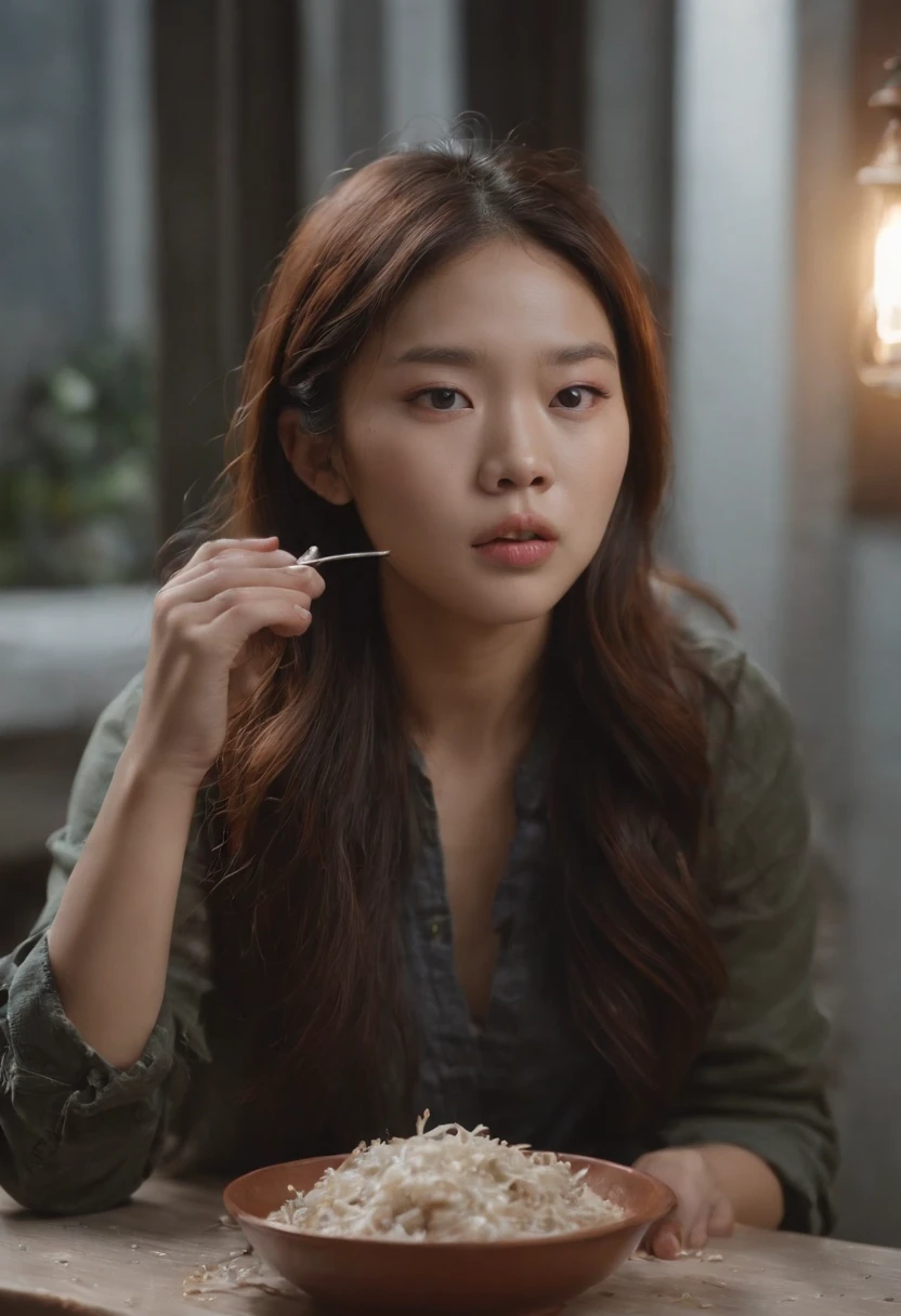Jenny Rey(Jennie Kim)wearing dirty clothes, eating garbage 4K realista, Soft lighting, detallado, Full HD realista