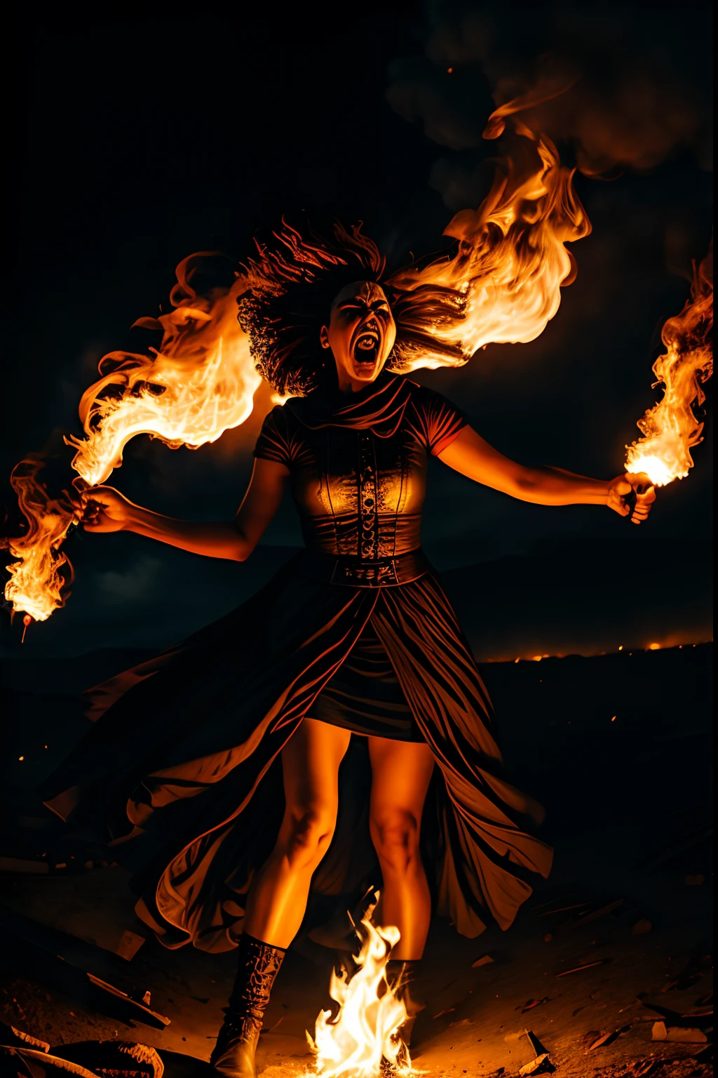 A woman who is an angry woman holding a flaming torch, screaming, background is dark sky with flames and smoke, mood is devastating, destructive, corrupting, deleterious, night time light, character design.