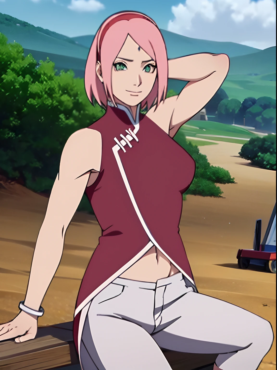 masterpiece, 4k, portrait, cowboy shot, (PLAYGROUND BACKGROUND), professional artwork, intricate details, colorful, digital blending, (ultra detailed body, ultra detail hair, ultra detail face), trending on pixiv, kind smile, best quality, anime style: 1.9, 1girl, hires, haruno sakura, (forehead mark, milf, red hairband, pale skin, (small breasts), short hair, ((red sleeveless dress,), white pants), ((navel, belly button), slender body, slender belly, bracelet, pink hair, open mouth, big eyes), smile, beach, wind, floating hair, detailed arms, off-shoulders, broad shoulders, (((both) hands spreading to both sides)), fancy couch, relaxing, laying, talking, looking at the viewer)))