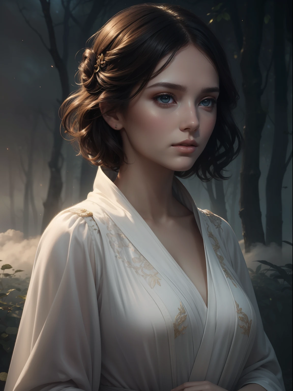 Beautiful ethereal face, cute woman, Sci-fi, pastels, In the dark woods, there is a Pretty lady, beautifully rendered, 4K, 8K, pretty, arm wrappings, walking on the clouds, robe like fabric, art, painting, digital art, Looking at viewer, modest, celestial robes, short hair, adorable woman's face, rosey cheeks, Soft features, half-body view, detailed, brunette hair, pretty woman, cinematic lighting, celestial design, highly detailed, digital painting, smooth, sharp focus, clouds behind, by Tom Bagshaw, by artgerm