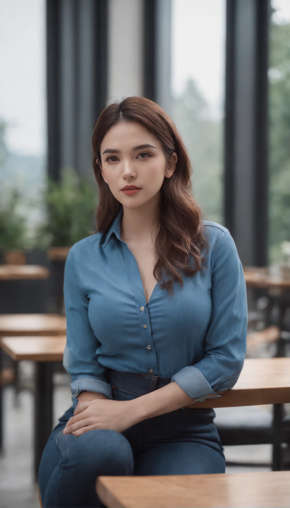 hyper HD, Masterpiece, Best quality, 8K, park, Some tables, Some chairs, Instagram, Minimalism, 1girll, Blue denim shirt, Blue jeans, no bra, big breaste