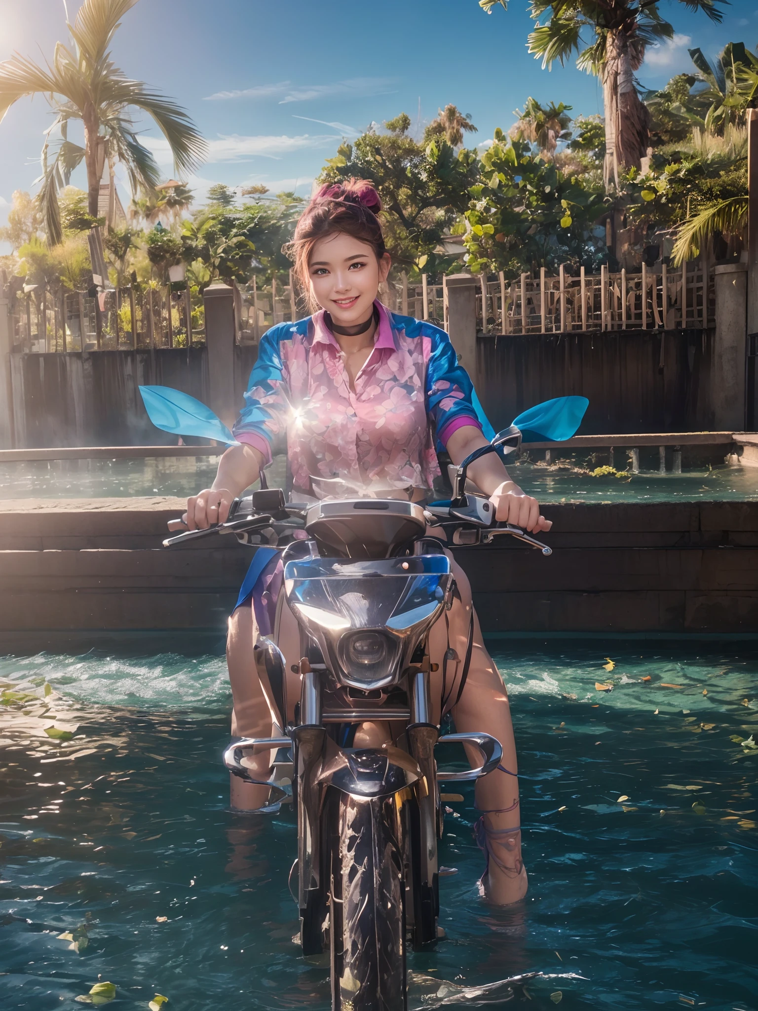 8k, masterpiece, RAW photo, best quality, photorealistic, extremely detailed CG unity 8k wallpaper, Depth of field, Cinematic Light, Lens Flare, Ray tracing, (extremely beautiful face, beautiful lips, beautiful eyes), intricate detail face, ((ultra detailed skin)) 1girl, pretty asian girl, (very slim slender fit-muscled body:1.3), ((looking at viewer)),(big smile:1.3), campus, landscape, lake, blue sky, sunshine, clear eyes, walking , front shot, (pale skin), face forward, (big eyes), ((upper body shot)), ((hot pink color silk blouse:1.3, short sleeve)), ((blue color skirt:1.3)), (brown hairs) (looking at viewer:1.3), medium breasts, open navel, updo hair, see through , thick thighs, 21 years old, medium butts, laced blouse