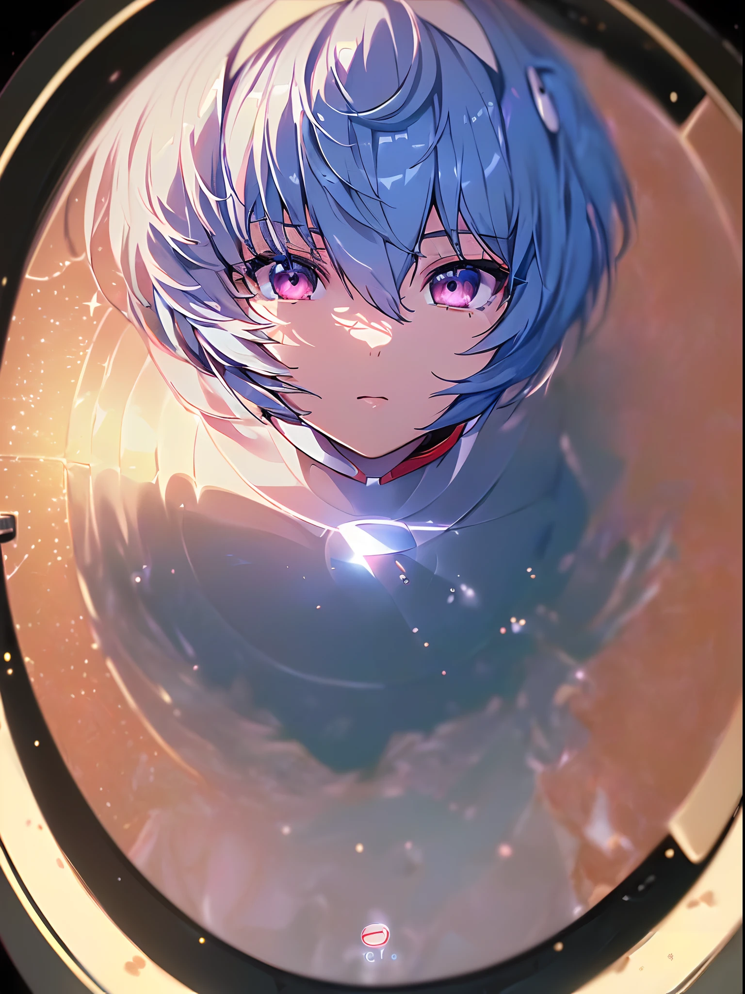 (((ayanami rei:))),headgear,1girl,solo,(masterpiece,best quality, official art,aim to viewers, beautiful and aesthetic:1.2),(ultra high res,spiral, golden ratio, (4k), see from above,((above the earth)),((in the space)),floating,good lighting, (photon mapping, radiosity, physically-based rendering,automatic white balance), technological sense,Amazing,sharp focus,rich background, (((high detailed skin,)))dynamic lighting,intricate detailed outfit,glowing eyes,watery eyes,((short hair,))deadpan, skiny,  turtle neck, short skirt,button shirt,(masterpiece sidelighting),(bishoujo,lustrous),(sky blue hair,pink eyes,）[[delicate fingers and hands:0.55]::0.85],(detail fingers),((((SLR camera lens reflected in the eyes,Ultra Photographic Quality,fisheye,ultra wide angles)))),((incredibly absurdres)),micro shot,((extremely_detailed_eyes_and_face)),(disheveled hair),darkness,dark space,FilmGirl