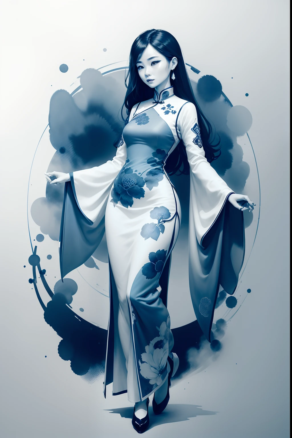 handmade drawing with indigo ink only))), a beautiful chinese woman wearing traditional dress qipao, full body, delicate and intricate pattern as background, blue and white contrast, watercolor, centered, dynamic pose, extremely detailed, sharp focus, MSchiffer, hand-drawn, 2D, two-dimensional, concept art, (monochrome:1.7) (blue:1.6) (comic style), vector, (flat colors:1.5)