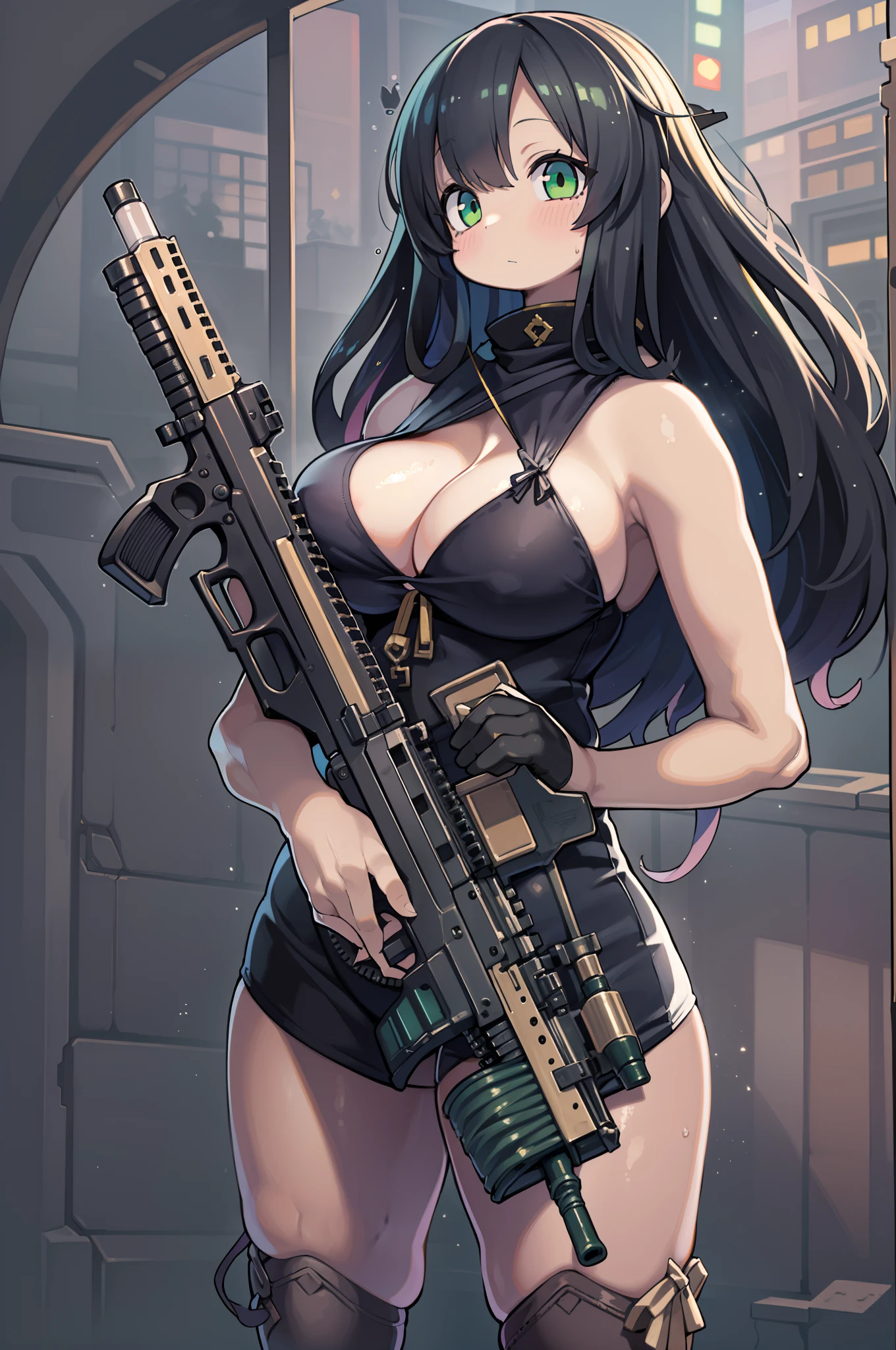 (((Hold an assault rifle)))、Long sideburns、Anime-style girl with beautiful whole body, clean detailed faces, ciber,analogous colors, Glowing shadows, beautiful gradients, depth of fields, CLEAN IMAGE, High quality,Black Parker Clothing、 high detailing, High Definition, blush, Fit, Heavenly Beauty, Very detailed, Soft lighting, Full body,Green&Black hair,Green eyes、(((huge-breasted))),Very Wide Shot、bbw、