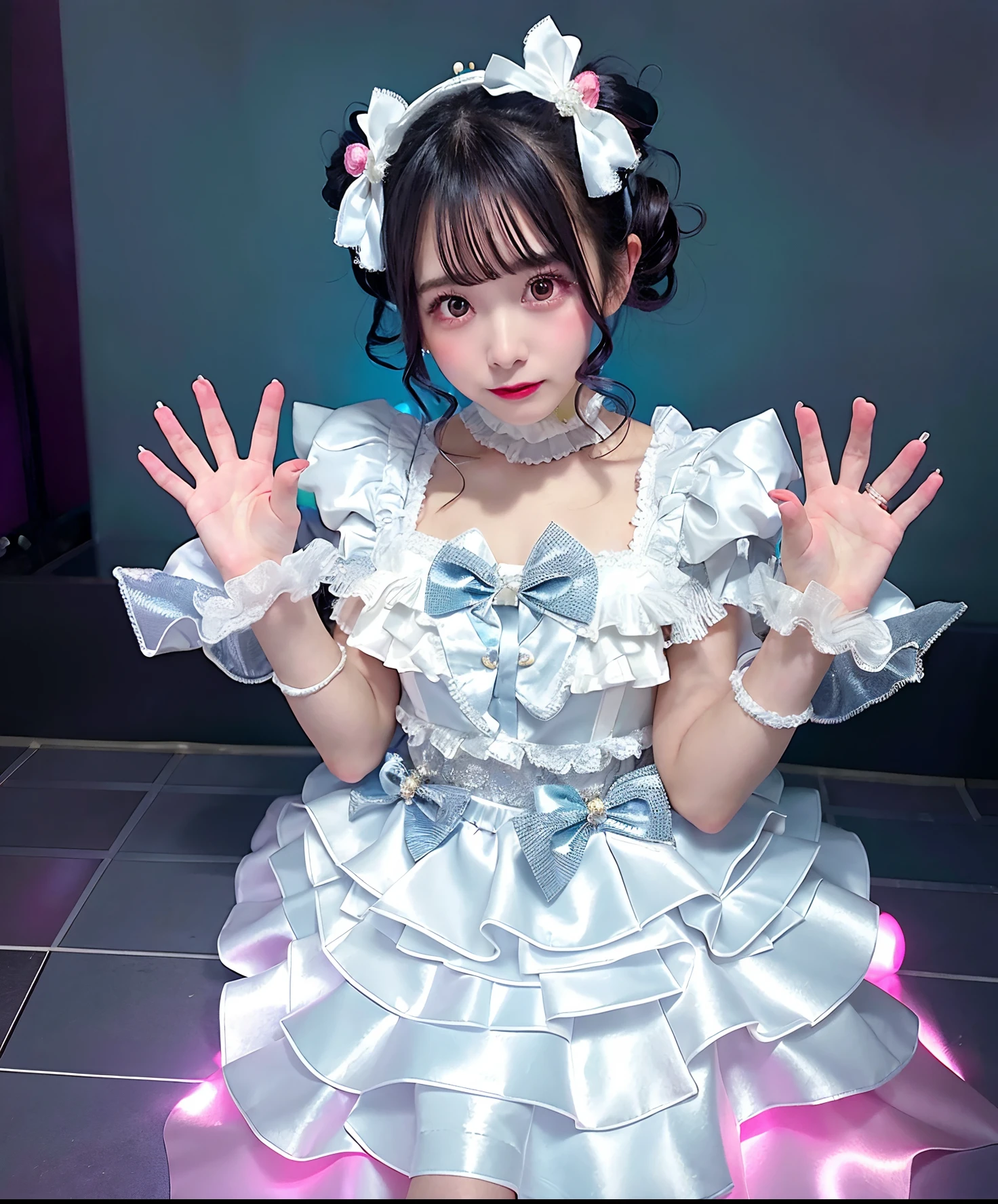 Woman in silver satin dress posing for photo, angelic pretty, Belle Delphine, fairycore, kawaii decora rainbowcore, portrait of the magical Lolita girl, Lolita style, y 2 k cutecore clowncore, cutecore, Lolita Fashion, by Ayami Kojima, kinomoto sakura, Satin costume with frills, Lori, juri misaki