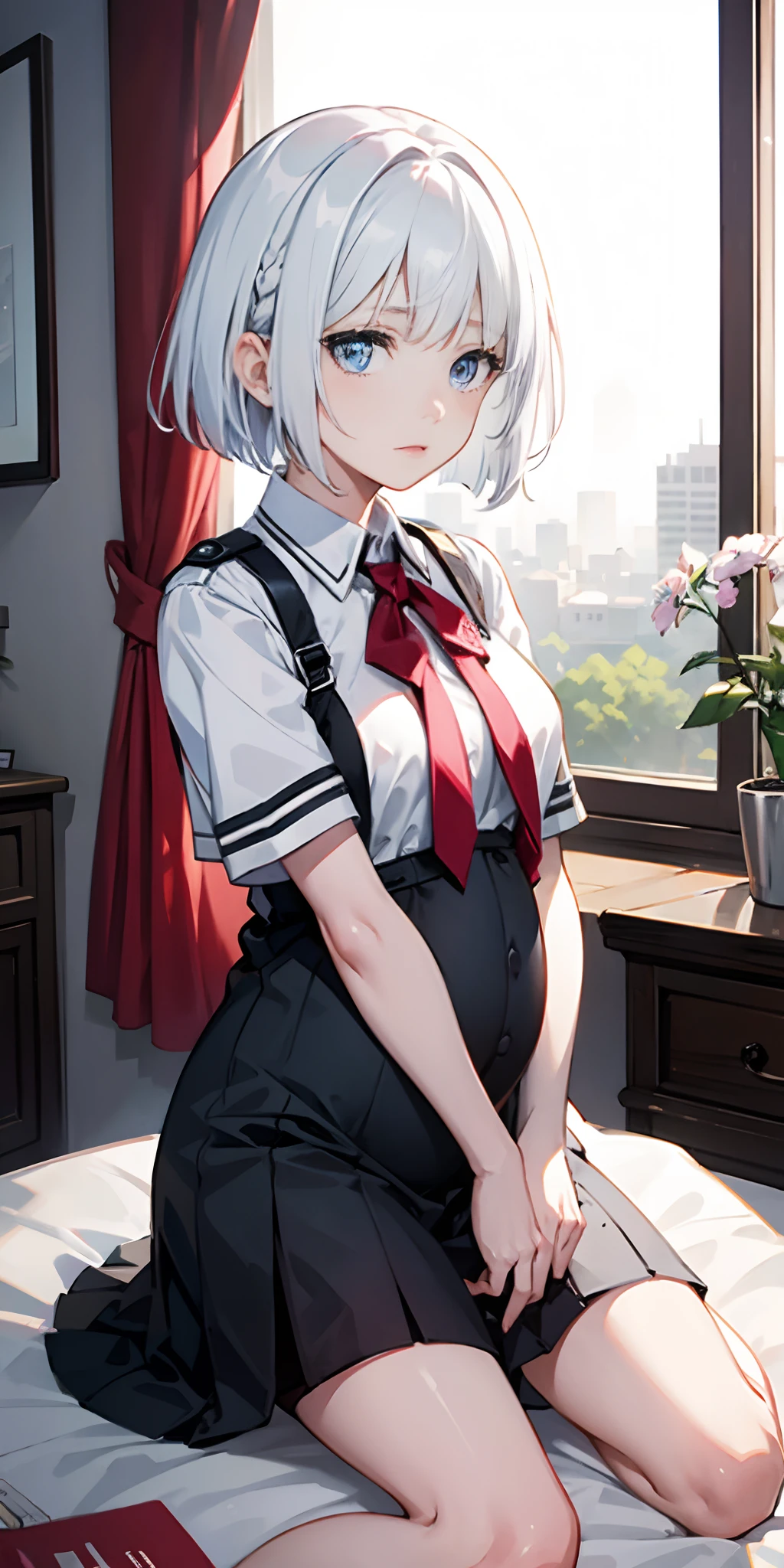 Siesta, white Bob hair, short hair, crystal blue eyes, uniform school, Pregnant
