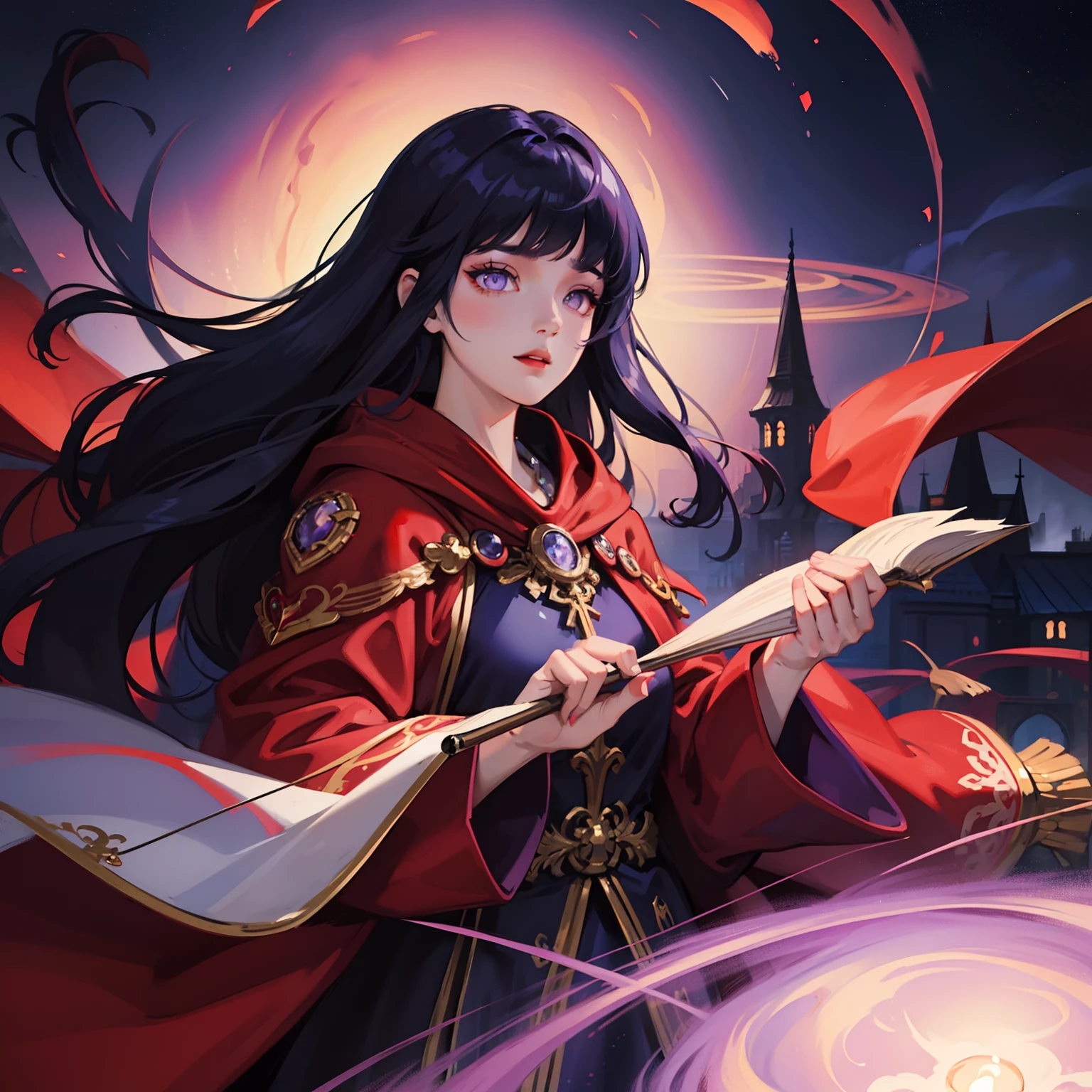 One girl in a red cloak、ultra-detailliert、Beautiful fece、Fantastic atmosphere、mysterious background、Night light、Light production、heavy shadow、Vibrant colors、dramatic compositions、Luxurious decoration、dreamlike landscape, Blunt Bangs, purple eyes, long dark blue hair