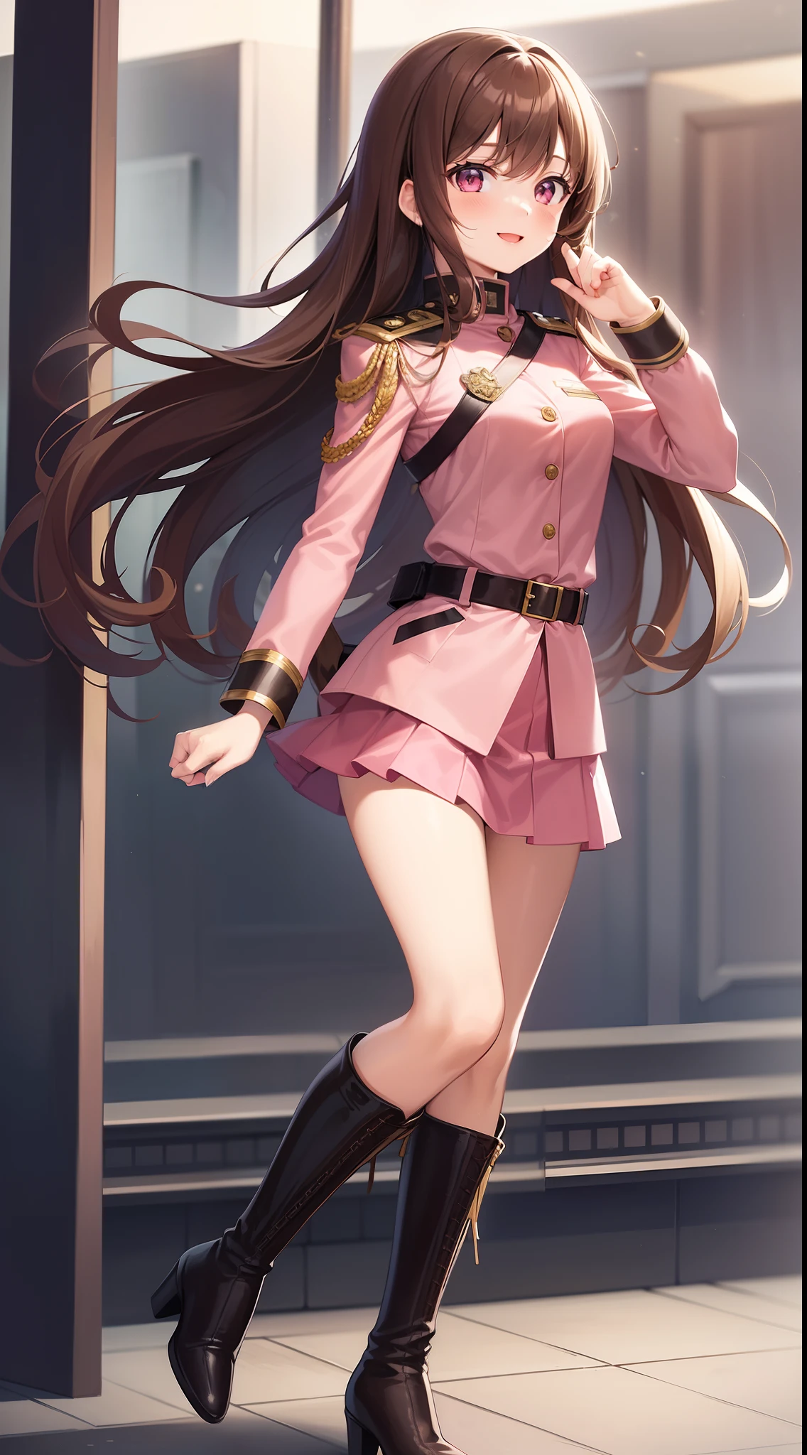 Masterpiece, high quality, 1girl, solo, brown hair, long hair, curly hair, hazel eyes, decent bust, (pink military formal uniform, miniskirt, high heeled boots), smile, flat_color, full body
