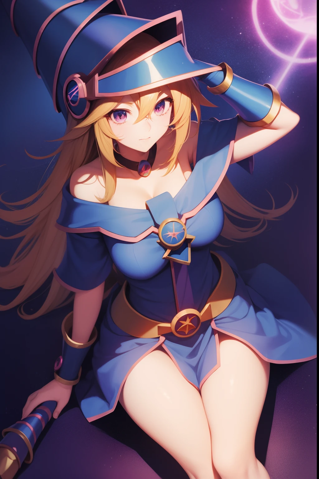 Anime girl with a sword and hat on her head, Black Magician Girl, beautiful dark magician girl, female mage!, dark magician girl from yu-gi-oh, pretty sorceress, flirty anime witch casting magic, hero 2 d fanart artsation, mighty plump female sorceress, Mage, sorceress woman, half invoker half megumin