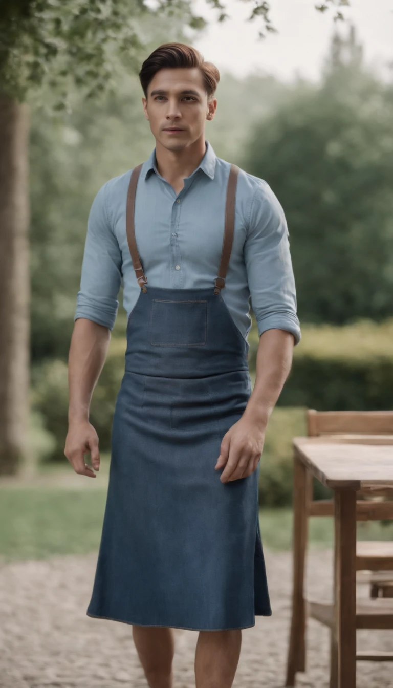 hyper HD, Masterpiece, Best quality, 4K, park, Some tables, Some chairs, Instagram, Minimalism, 1 man , Blue denim shirt, kilt
