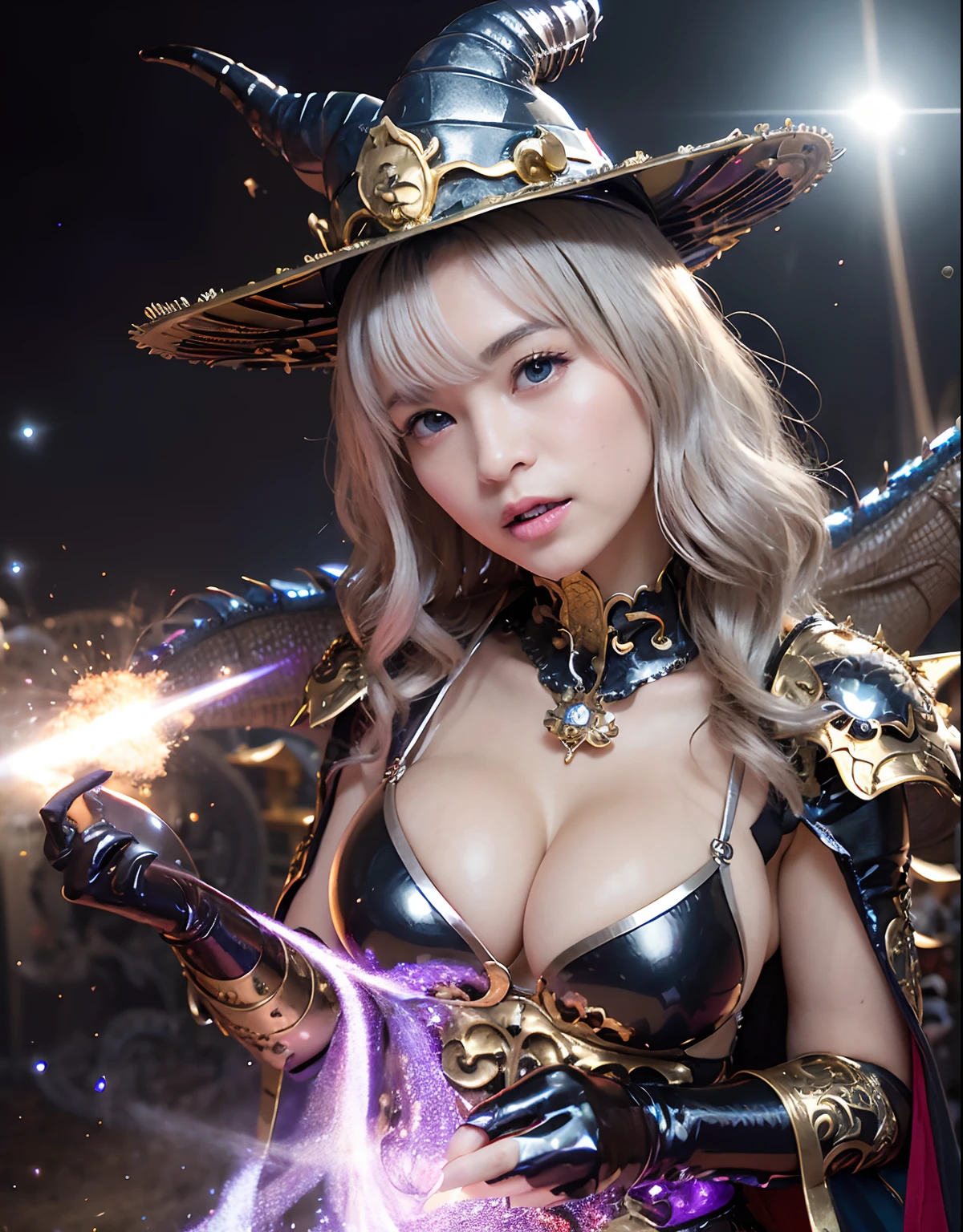 ((World of Darkness)),Professional , ​masterpiece、top-quality、photos realistic , depth of fields 、(((With a magic wand of gems))),（Dragon White Metal Body:1.9),(latexsilver-blue、（cleavage of the breast）（Fight dragons）、、(((Particles of light))),（Micro Bikini Armor:1.7),Gorgeous gold weapons ,（Fight dragons）、Seductive look、（blood splattere、（(((With a magic wand))), ） , (((Wearing a black latex wizard hat))),（demonic wings） ,(a beauty girl)  ,（（a blond））、（Castle background）、（（Gangle's forest background））、Beautiful Caucasian beauty、１a person、dynamic ungle,(((Detailed and ornate dragon wizard hat)))、Smaller head、A smile、Castle background、Thin and beautiful female hands、cleavage of the breast、Soldier in iron armor on background、Mystical expression、Light Effects、intense fighting、Wind-effect、magic circles、With the legendary magic wand、Dragon's tail、explosions、Toostock、Toostock、