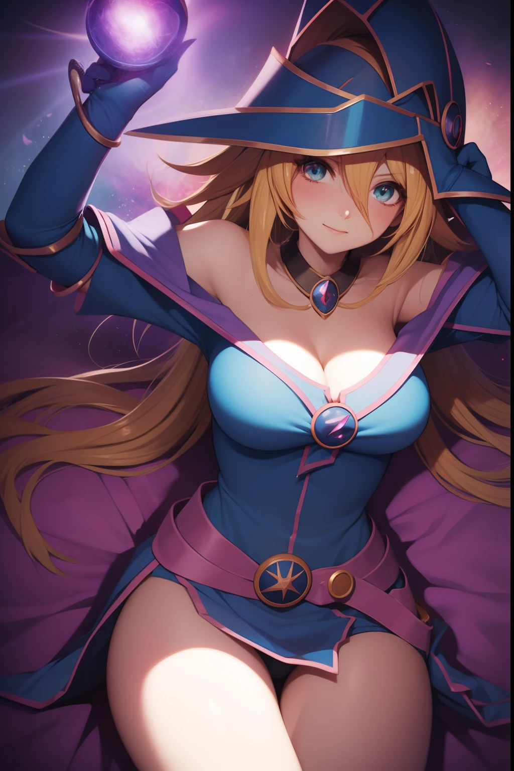 Anime girl with a sword and hat on her head, Black Magician Girl, beautiful dark magician girl, female mage!, dark magician girl from yu-gi-oh, pretty sorceress, flirty anime witch casting magic, hero 2 d fanart artsation, mighty plump female sorceress, Mage, sorceress woman, half invoker half megumin