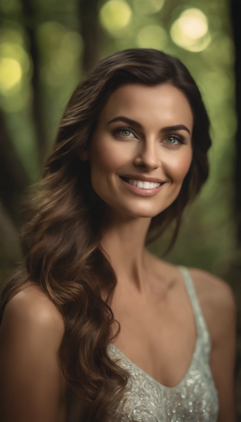 A close-up of a beautiful, STUNNING brunette woman with cascading dark highlights, pastel in a lush forest glade, her green eyes sparkling with joy at the beach