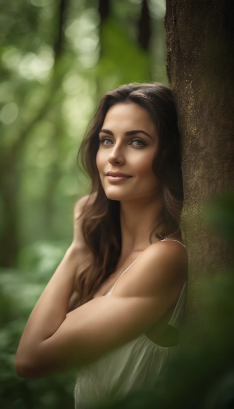 A close-up of a beautiful, STUNNING brunette woman with cascading dark highlights, pastel in a lush forest glade, her green eyes sparkling with joy at the beach
