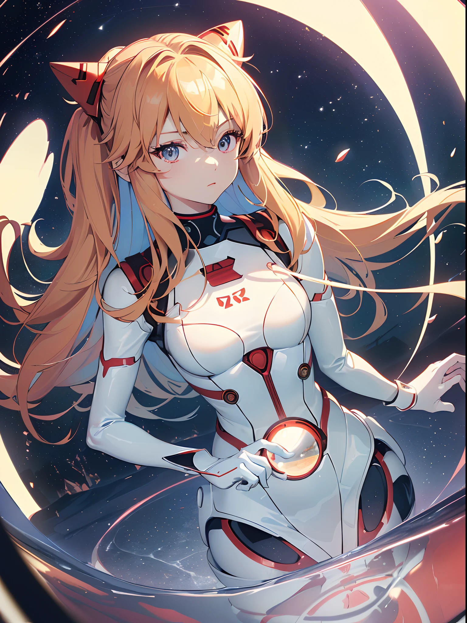 ((souryuu asuka langley, interface headset, red bodysuit:1.4, blonde)),(glowing eyes:1.233),(beautiful and detailed eyes:1.1),(expressionless,closed mouth),(standing), 1girl,solo,(masterpiece,best quality, official art,aim to viewers, beautiful and aesthetic:1.2),(ultra high res,spiral, golden ratio, (4k), see from above,((above the earth)),((in the space)),floating,good lighting, (photon mapping, radiosity, physically-based rendering,automatic white balance), technological sense,Amazing,sharp focus,rich background, (((high detailed skin,)))dynamic lighting,intricate detailed outfit,glowing eyes,watery eyes,(masterpiece sidelighting),(bishoujo,lustrous),[[delicate fingers and hands:0.55]::0.85],(detail fingers),((((SLR camera lens reflected in the eyes,Ultra Photographic Quality,fisheye,ultra wide angles)))),((incredibly absurdres)),micro shot,((extremely_detailed_eyes_and_face)),(disheveled hair),darkness,FilmGirl