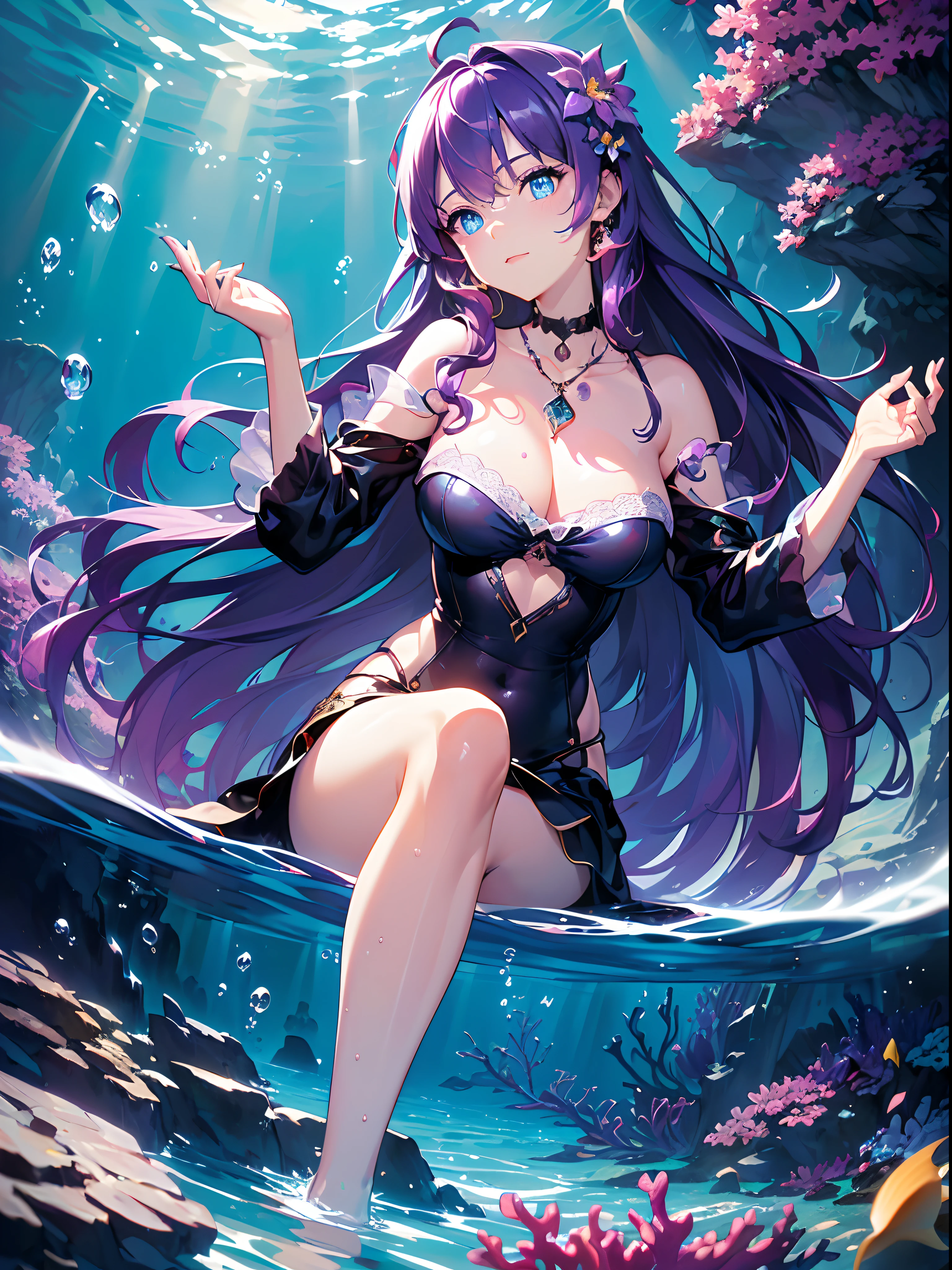 ((((((BREAK,Design an image with a fisheye lens effect, capturing a wide field of view with a distinctive, curved perspective.BREAK,)))))((1girl:1.1,solo,))(masterpiece,best quality, official art,aim to viewers, beautiful and aesthetic:1.3),((ultra high res,golden ratio,)) (4k),((from below,dark,low visibility, dreamland,)),((((spiral bubbles,))))national lighting,good lighting,ray tracing,dynamic lighting, cinematic lighting,((((underwater flowers, In the enigmatic depths of the ocean,))))(fantasy,)((psychedelic)),((dreamy)),((holographic,))radiosity, physically-based rendering,automatic white balance), technological sense,Amazing,sharp focus,detailed background,rich background,astonishing background, (((high detailed skin,)))dynamic lighting,intricate detailed outfit,glowing eyes,watery eyes,((extremely long hair,hair over shoulders)),skiny,slender,smooth beast,smooth legs,sundress,((musical notes,mushrooms)),(masterpiece sidelighting),((water currents and ripples, contrast between deep-sea darkness and emitted light,))(hyper realistic lifelike 3d,)(bishoujo,lustrous),(purple hair,sky blue eyes,）[[delicate fingers and hands:0.55]::0.85],(detail fingers),(((Ultra Photographic Quality,ultra wide angles)))),((incredibly absurdres,photoreality)),(realilty:0.7),((a girl is chanting,put hands together,))((sitting:0.5,dark shot:0.4,))((extremely_detailed_eyes_and_face)),(disheveled hair),FilmGirl,(dynamic configuration: 0.9),Brilliant,drifting Nebula,ethereal, glossy ,striking contrast,high saturation