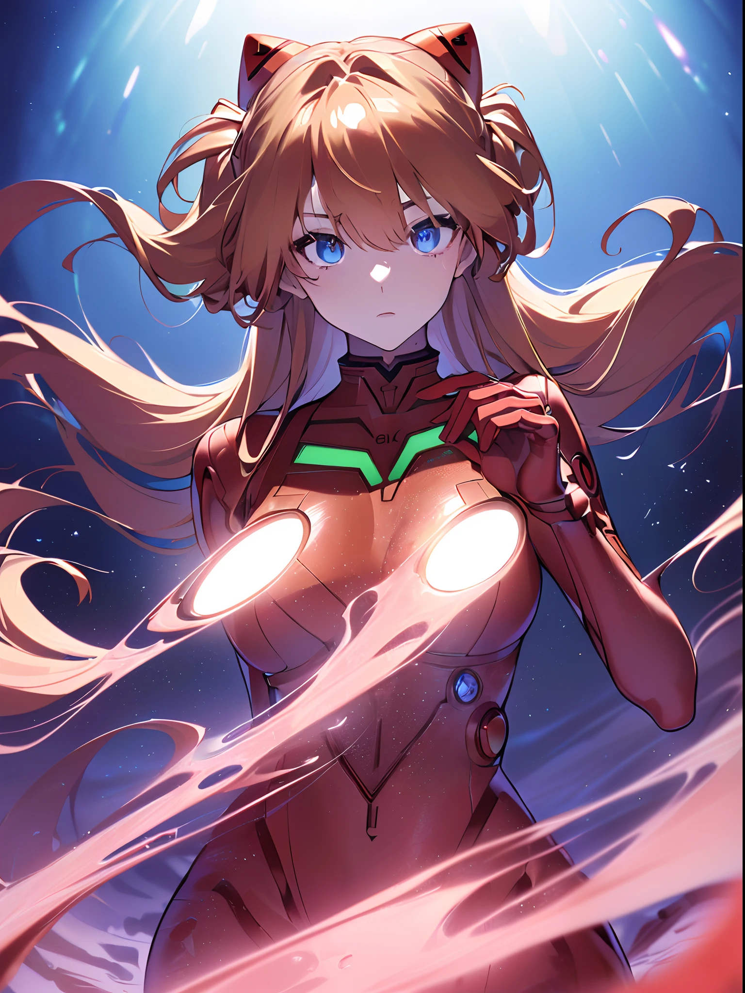 ((souryuu asuka langley, interface headset, red bodysuit:1.4, blonde)),(glowing eyes:1.233),(beautiful and detailed eyes:1.1),(expressionless,closed mouth),(standing), 1girl,solo,(masterpiece,best quality, official art,aim to viewers, beautiful and aesthetic:1.2),(ultra high res,spiral, golden ratio, (4k), see from above,((above the earth)),((in the space)),floating,good lighting, (photon mapping, radiosity, physically-based rendering,automatic white balance), technological sense,Amazing,sharp focus,rich background, (((high detailed skin,)))dynamic lighting,intricate detailed outfit,glowing eyes,watery eyes,(masterpiece sidelighting),(bishoujo,lustrous),[[delicate fingers and hands:0.55]::0.85],(detail fingers),((((SLR camera lens reflected in the eyes,Ultra Photographic Quality,fisheye,ultra wide angles)))),((incredibly absurdres)),micro shot,((extremely_detailed_eyes_and_face)),(disheveled hair),darkness,FilmGirl