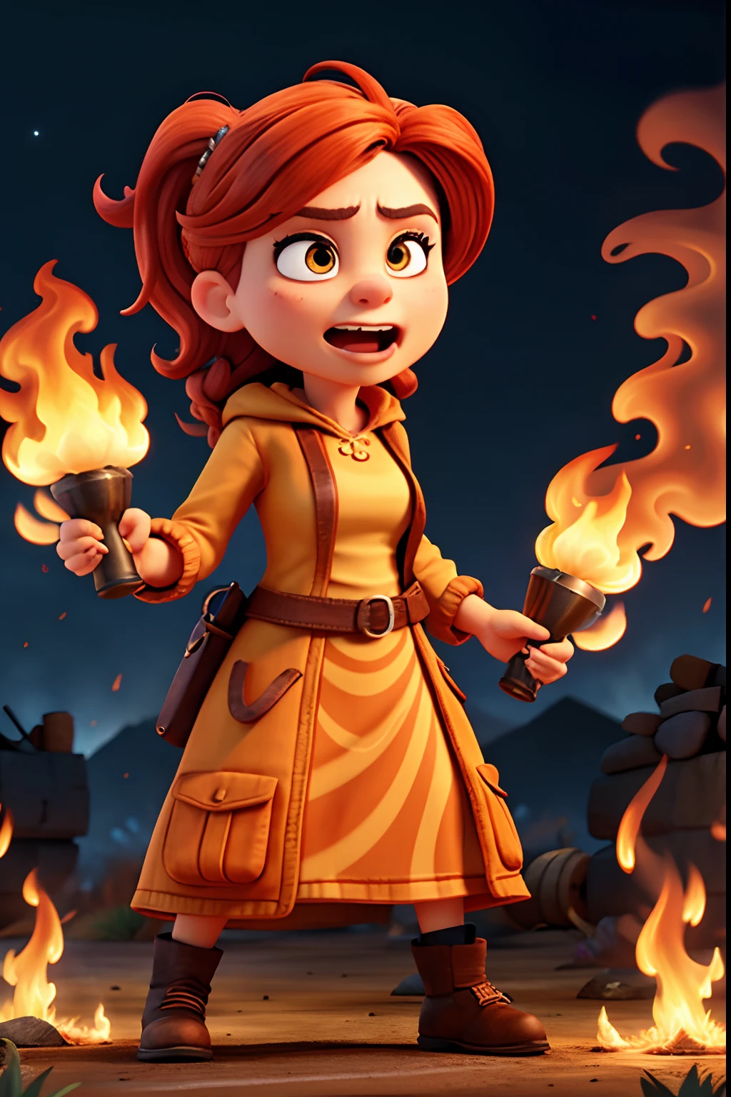 A woman who is an angry woman holding a flaming torch, screaming, background is dark sky with flames and smoke, mood is devastating, destructive, corrupting, deleterious, night time light, character design.