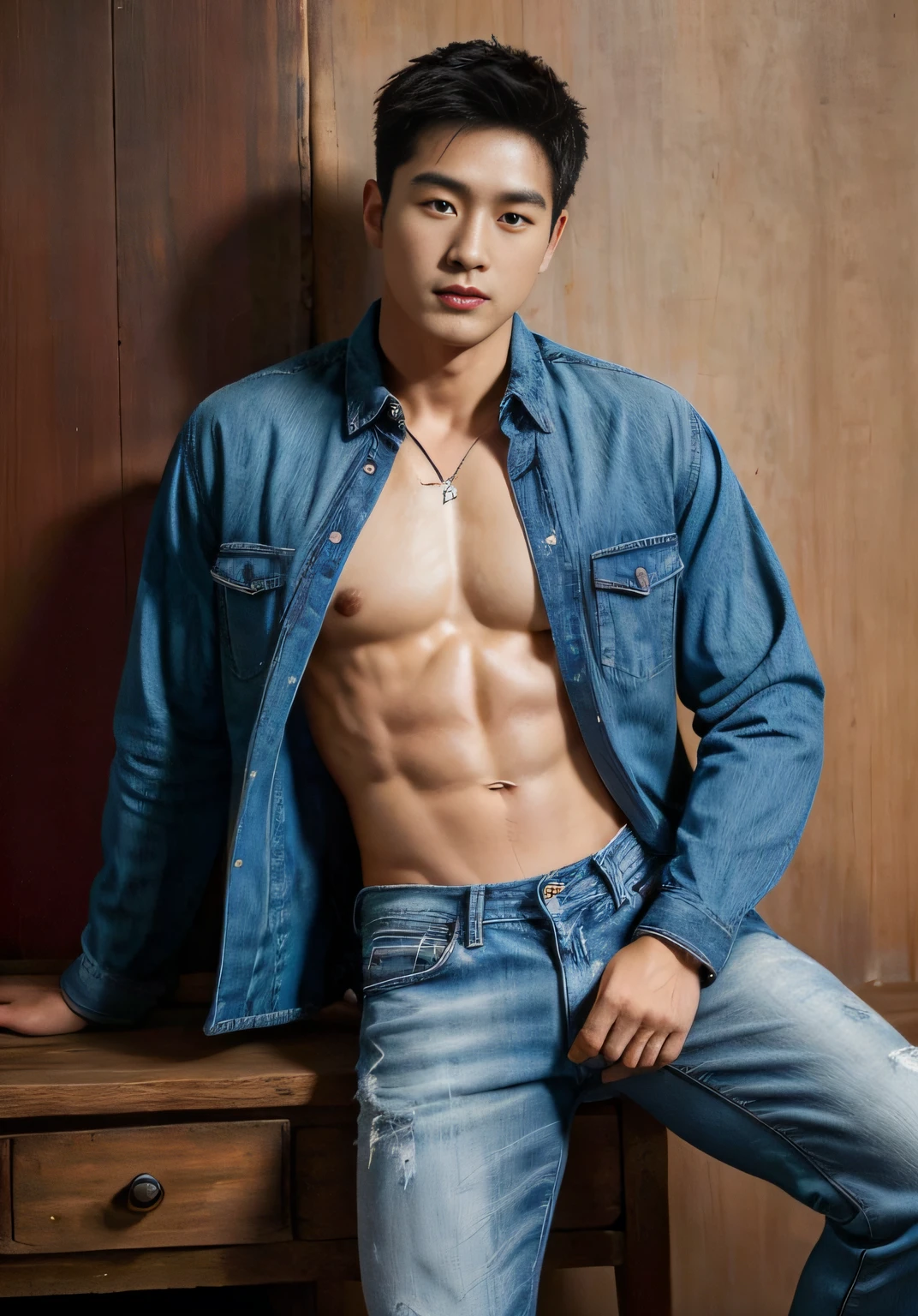 Arafed modelo masculino en jeans apoyado en un escritorio con su camisa abierta, Korean muscular boy 43 years old, Modelo masculino, Hombre surcoreano, Jinyoung Shin, asian man, con ABS, inspirado por Joong Keun Lee, Pose masculina, Yanjun Chengt, Taejune Kim, Modelo con cuerpo atractivo, Cuerpo del prefecto, Siwoo Kim, Cai Xukun