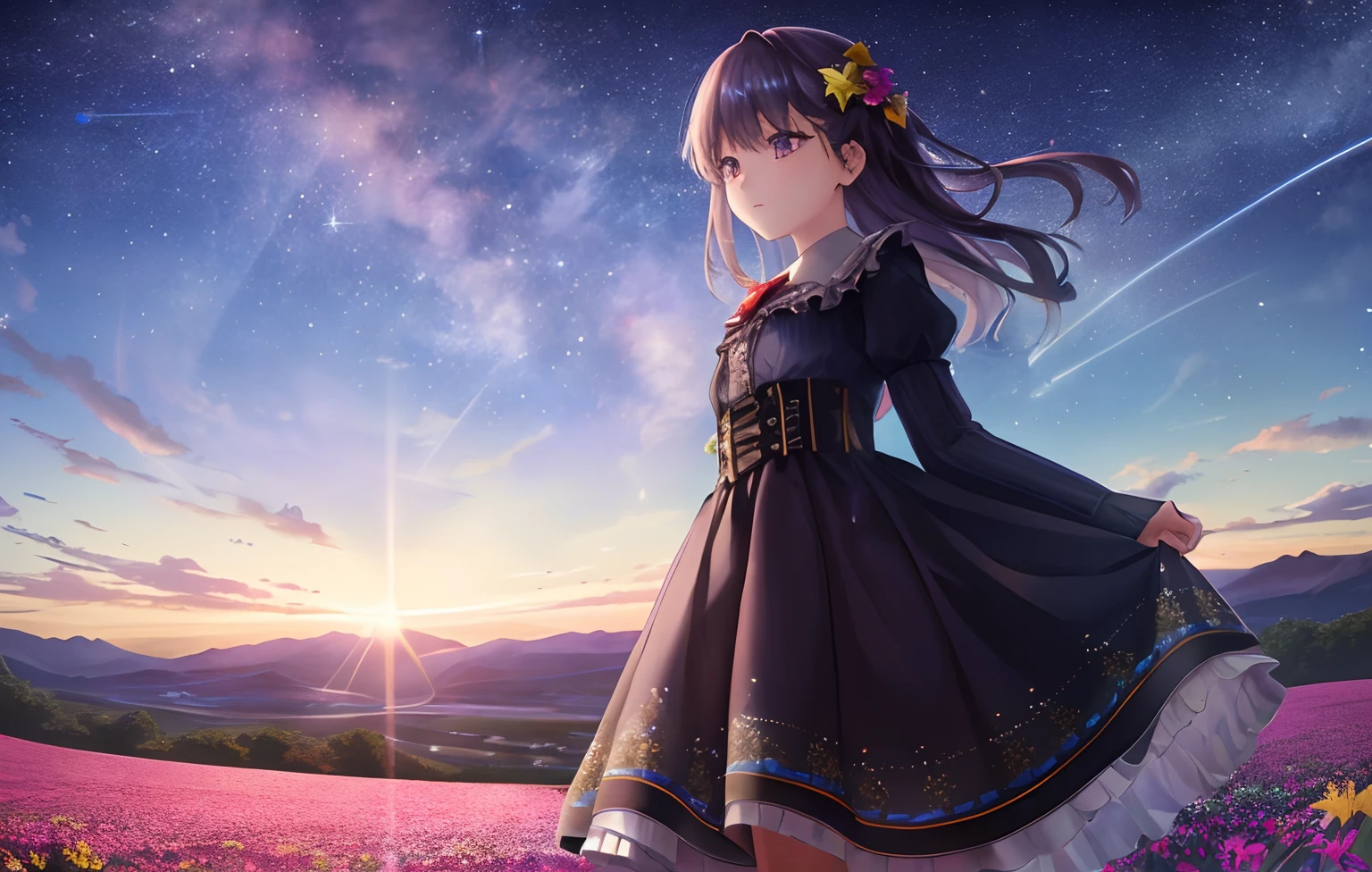 Expansive landscape photograph, (view from below with a view of the sky and the wilderness below), little girl standing in a flower field looking up, (full moon: 1.2), (shooting star: 0.9), (nebula: 1.3), distant mountain, tree break production art, (warm light source: 1.2), (firefly: 1.2), lamp, purple and orange, intricate detail, volume lighting BREAK (masterpiece: 1.2), (highest quality ), 4k, ultra-detailed, (dynamic configuration: 1.4), highly detailed and colorful details (iridescent: 1.2), (sparkling lighting, atmospheric lighting), dreamy, magical, (solo: 1.2)