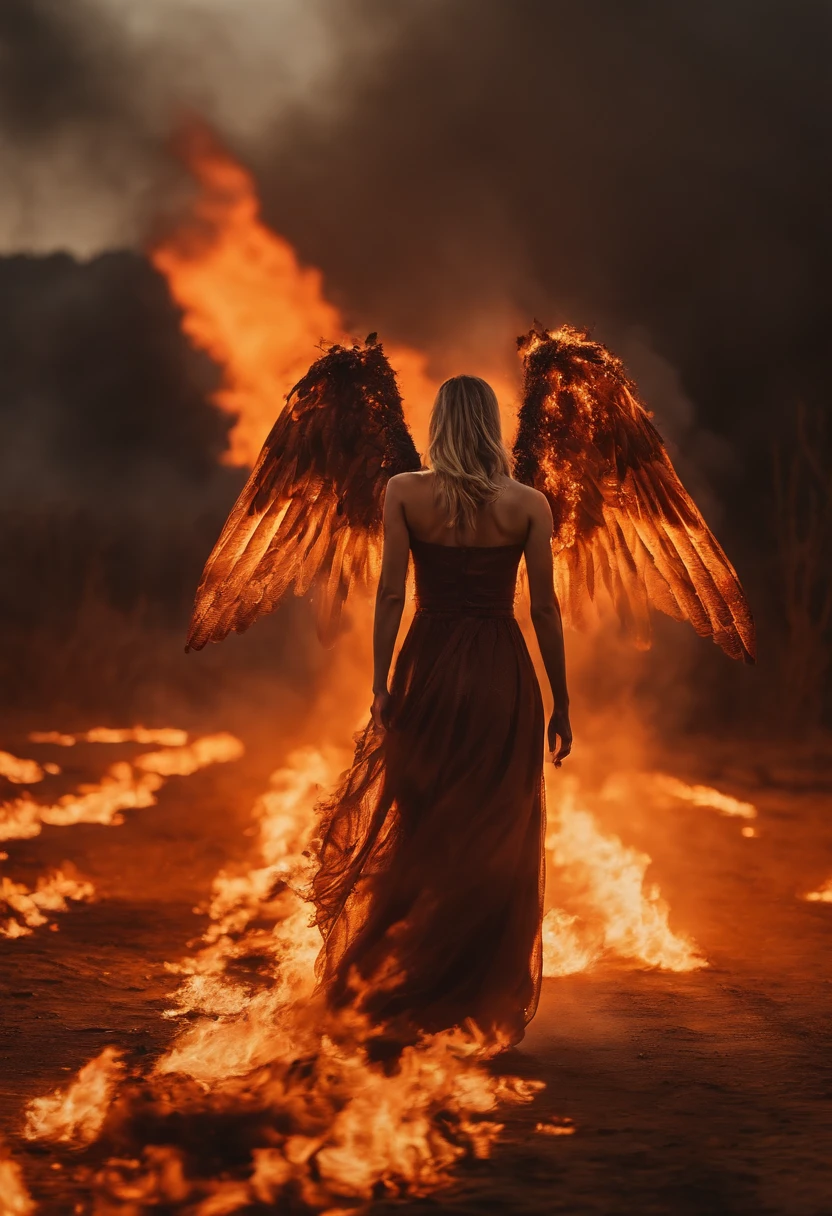 Angel with burnt wings walking along a scorched wasteland, Temple on Fire, flame, ignite, Full body light, screaming, request