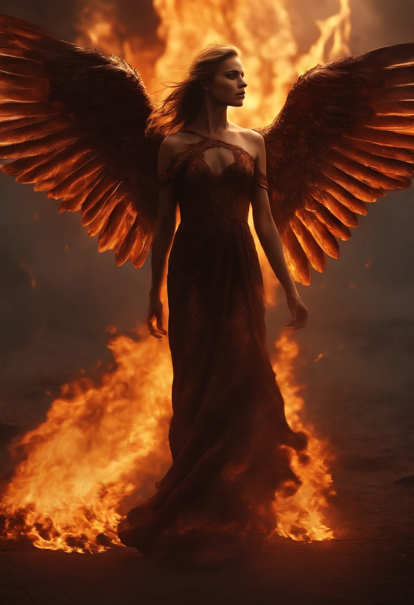 Angel with burnt wings walking along a scorched wasteland, Temple on Fire, flame, ignite, Full body light, screaming, request