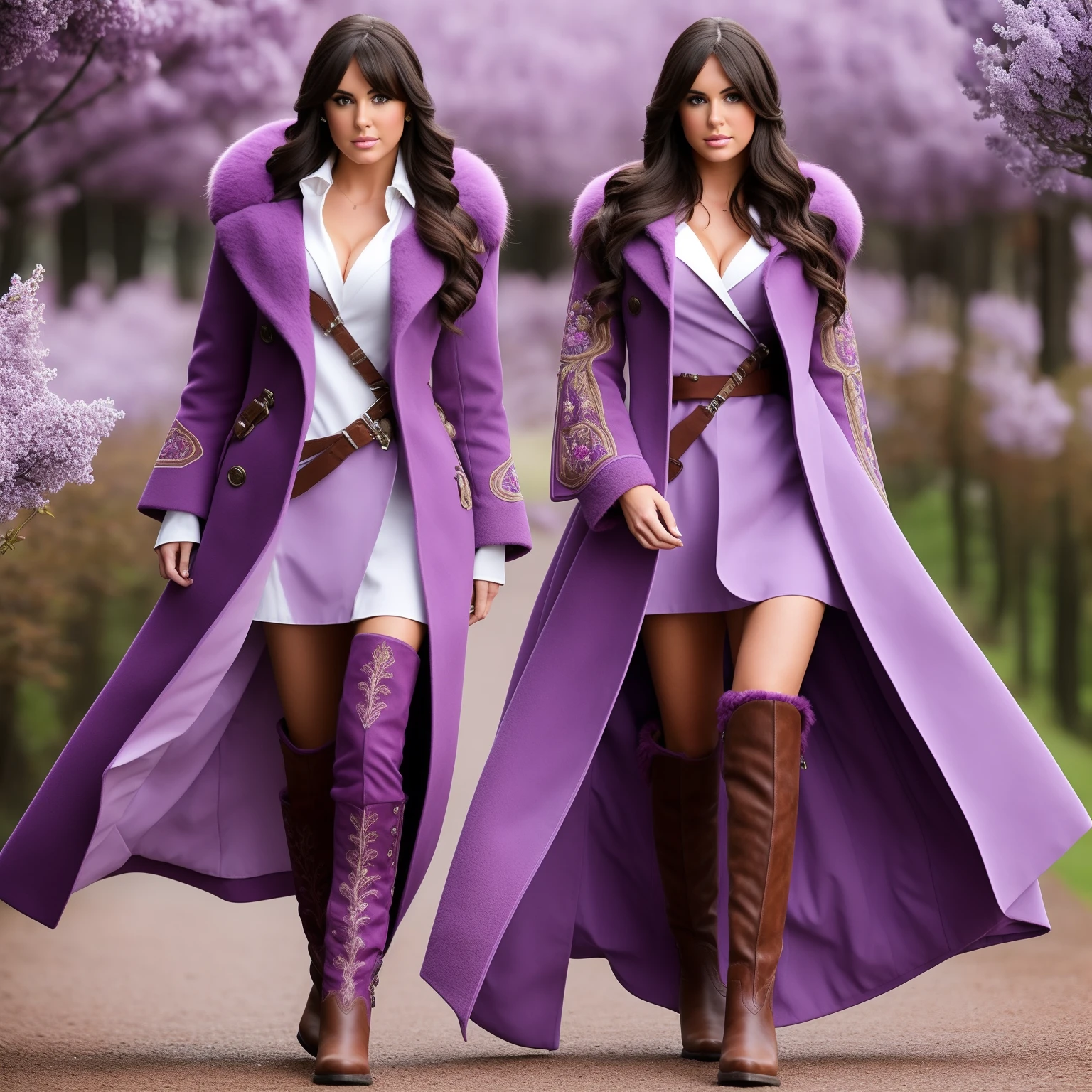 RPG model brunette (( solo)), with a face and body like Jenna Jenovich , dressed in a lilac autumn coat , stands in full growth , Her boots are visible , Front light , Very detailed embroidery on a lilac coat , Highly detailed boots.