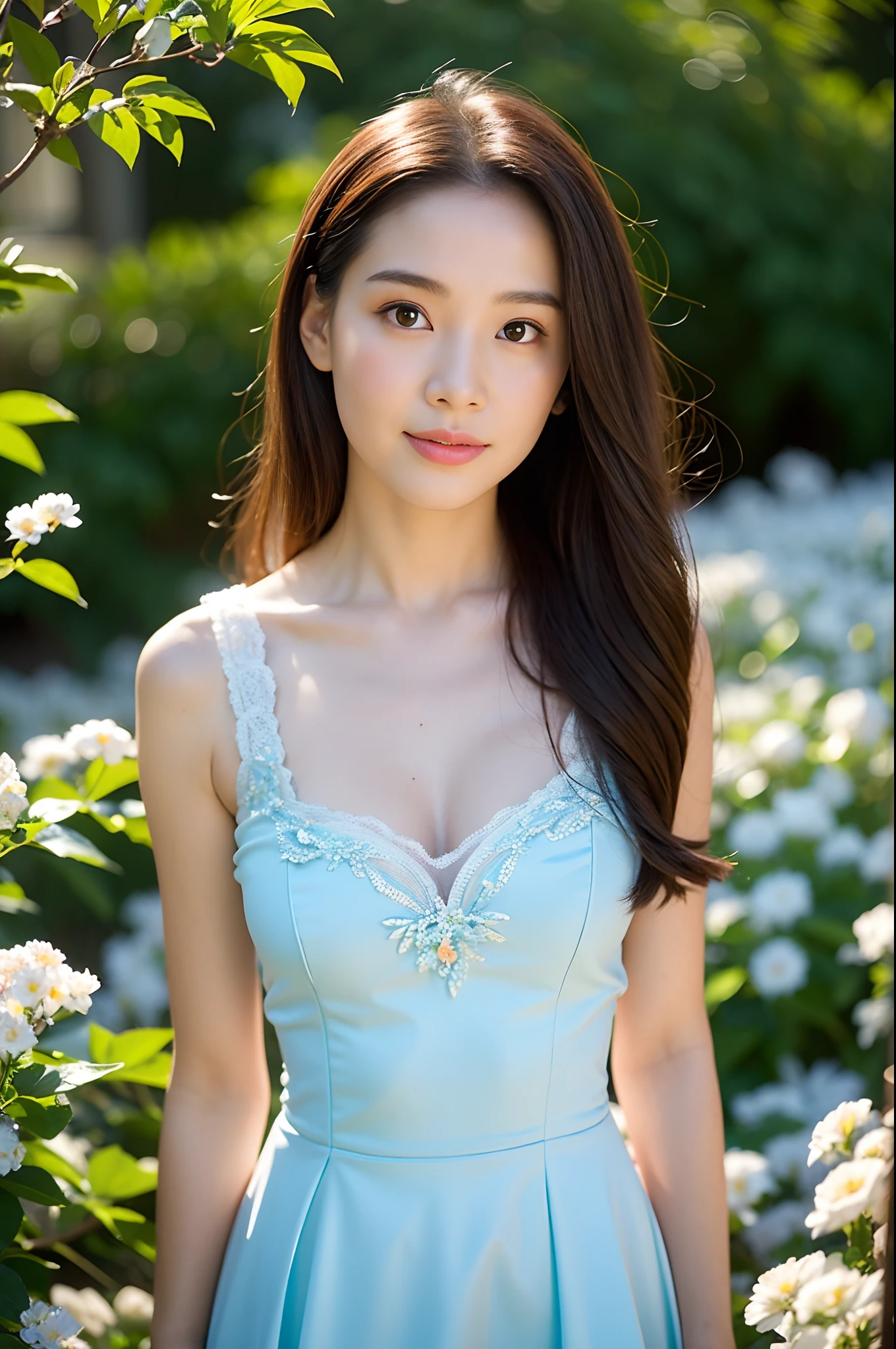 (Best quality, masterpiece: 1.2), portrait, breasts, outdoors, a 25-year-old woman named Yiping in the garden: 2, white thin summer long dress, light blue flowers in the background mess: 1.3) Same character, different costume, different angle, backlight: 1.5, rich skin details: 1.5,