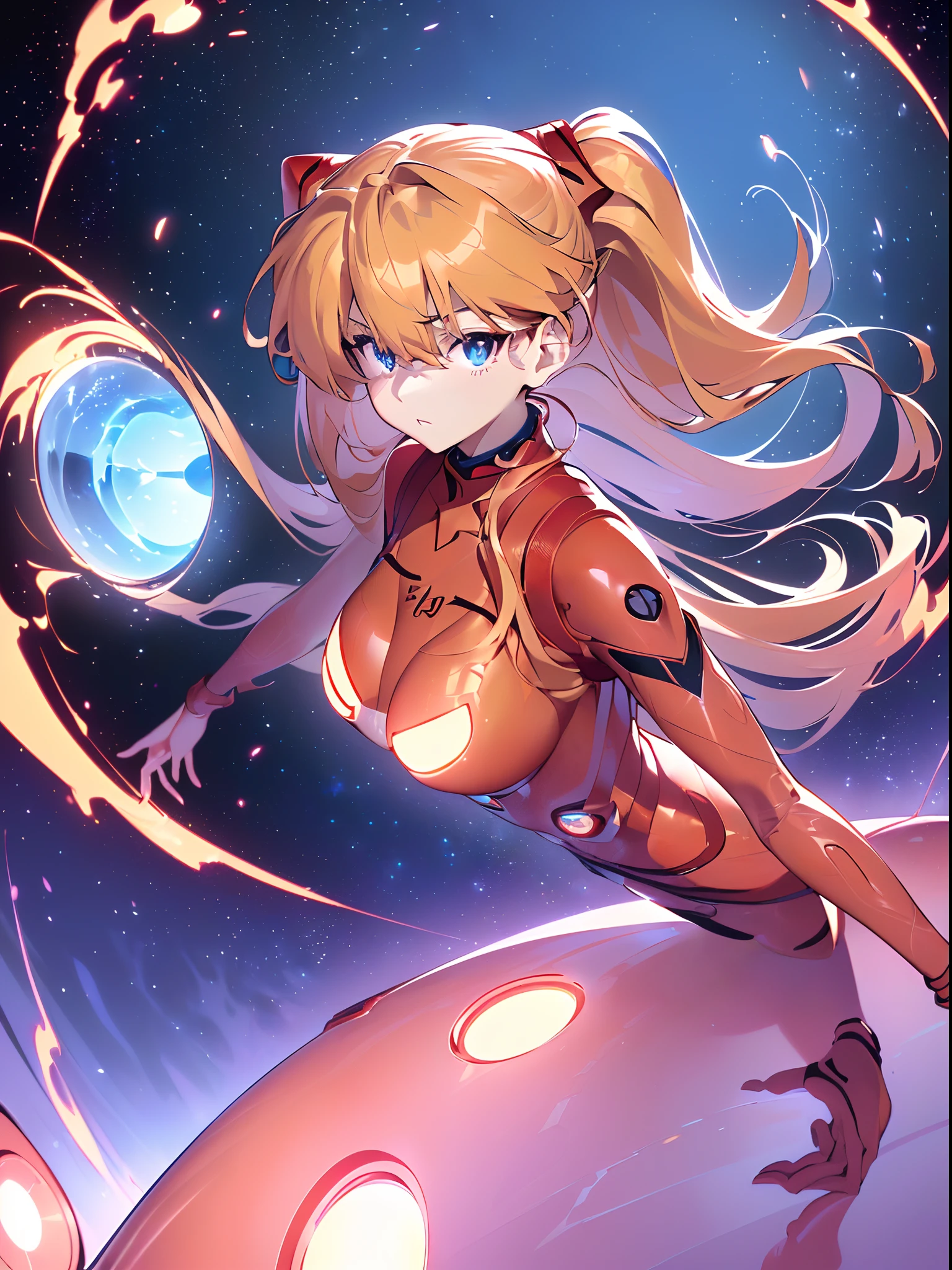 ((souryuu asuka langley, interface headset, red bodysuit:1.4, blonde)),(glowing eyes:1.233),(beautiful and detailed eyes:1.1),(expressionless,closed mouth),(standing), 1girl,solo,(masterpiece,best quality, official art,aim to viewers, beautiful and aesthetic:1.2),(ultra high res,spiral, golden ratio, (4k), see from above,((above the earth)),((in the space)),floating,good lighting, (photon mapping, radiosity, physically-based rendering,automatic white balance), technological sense,Amazing,sharp focus,rich background, (((high detailed skin,)))dynamic lighting,intricate detailed outfit,glowing eyes,watery eyes,(masterpiece sidelighting),(bishoujo,lustrous),[[delicate fingers and hands:0.55]::0.85],(detail fingers),((((SLR camera lens reflected in the eyes,Ultra Photographic Quality,fisheye,ultra wide angles)))),((incredibly absurdres)),micro shot,((extremely_detailed_eyes_and_face)),(disheveled hair),darkness,FilmGirl