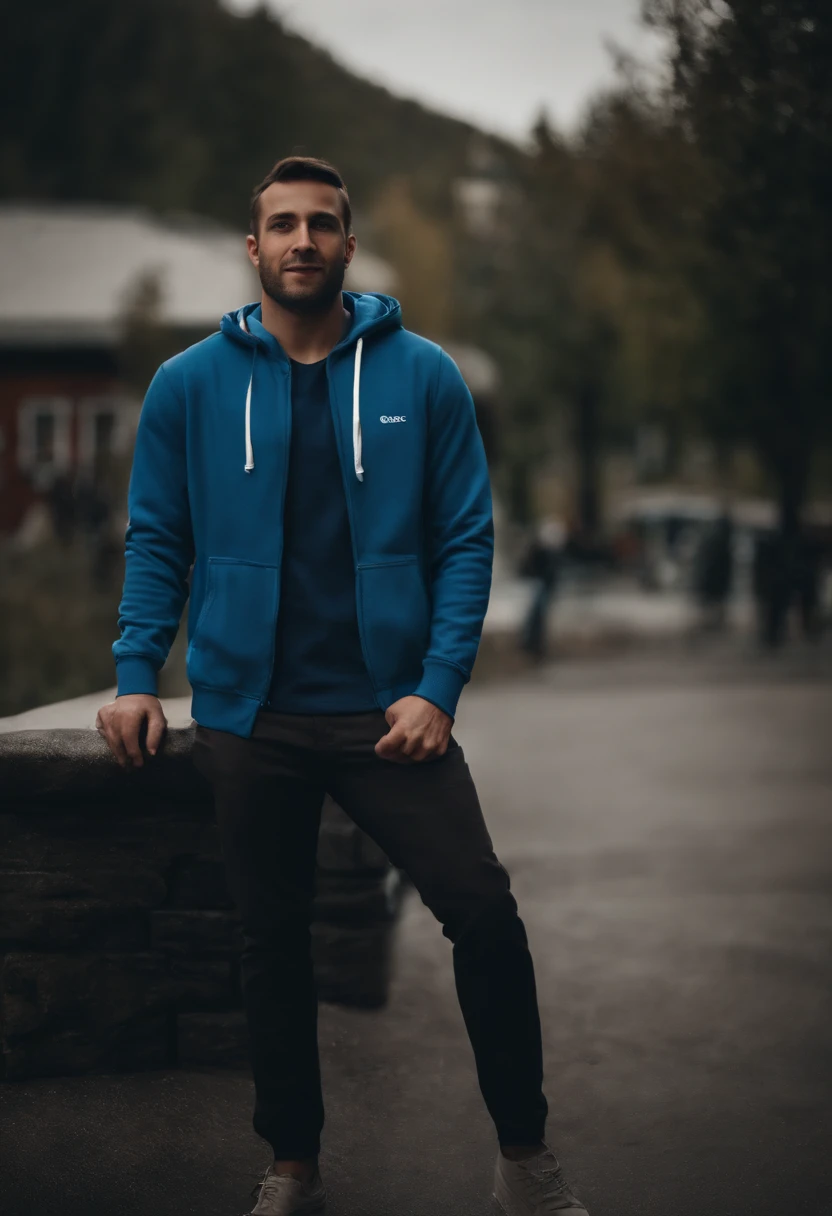 standing with 30 years old man in a blue hoodie, fancy, freelancer, smiling, standing full-frontal, Full-length, Body and head directly in the photo, DSRL, facing the viewer of the photo, Eyes fixed on the lens, The shoulders and head appear in the photo, The man in the center in the photo,