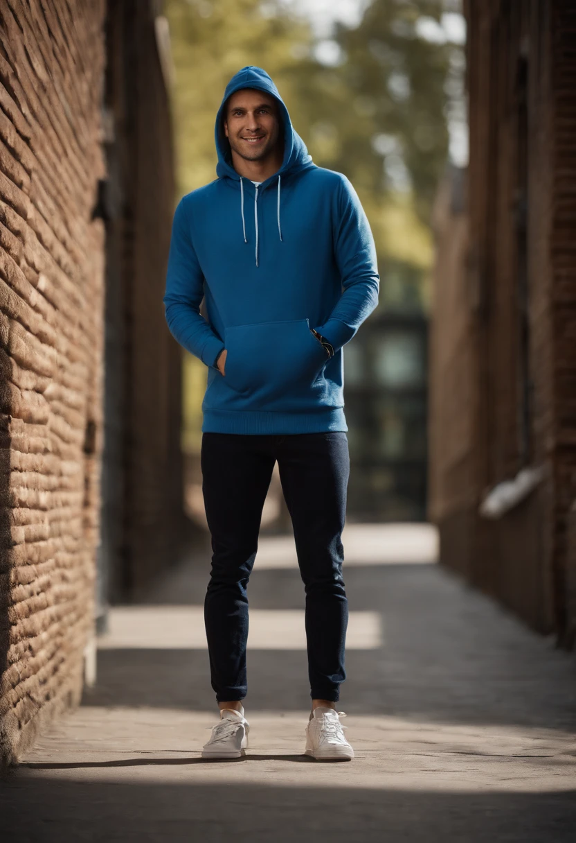 standing with 30 years old man in a blue hoodie, fancy, freelancer, smiling, standing full-frontal, Full-length, Body and head directly in the photo, DSRL, facing the viewer of the photo, Eyes fixed on the lens, The shoulders and head appear in the photo, The man in the center in the photo,