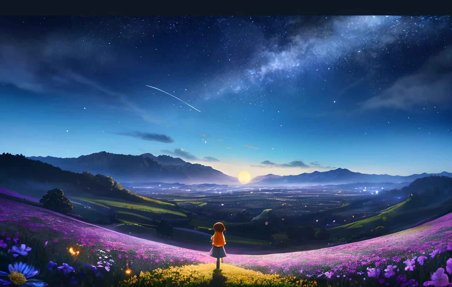 Expansive landscape photograph, (view from below with a view of the sky and the wilderness below), little girl standing in a flower field looking up, (full moon: 1.2), (shooting star: 0.9), (nebula: 1.3), distant mountain, tree break production art, (warm light source: 1.2), (firefly: 1.2), lamp, purple and orange, intricate detail, volume lighting BREAK (masterpiece: 1.2), (highest quality ), 4k, ultra-detailed, (dynamic configuration: 1.4), highly detailed and colorful details (iridescent: 1.2), (sparkling lighting, atmospheric lighting), dreamy, magical, (solo: 1.2)