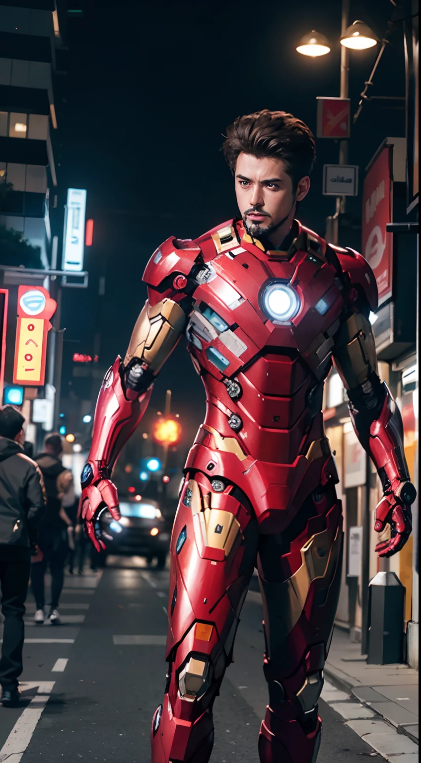 A 3 year old iron man boy without a head covering is walking , background of a nighttime highway and a burning car, real photo, professional photo, realistic photo, clear photo, full HD, 4k 