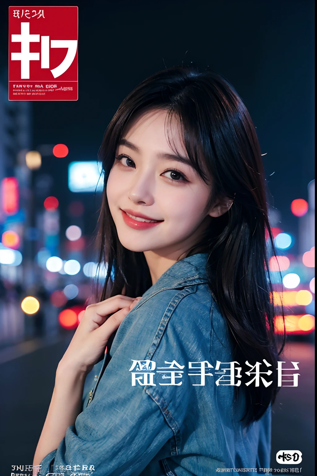 (magazine cover poster:1.2), 1girl, Tokyo street, night, cityscape, city lights, upper body, close-up, 8k, RAW photo, best quality, masterpiece, realistic, photo-realistic, (closed smile:1.2), kpop idol makeup, soft smile, logo mark, tags, badges, depth of field