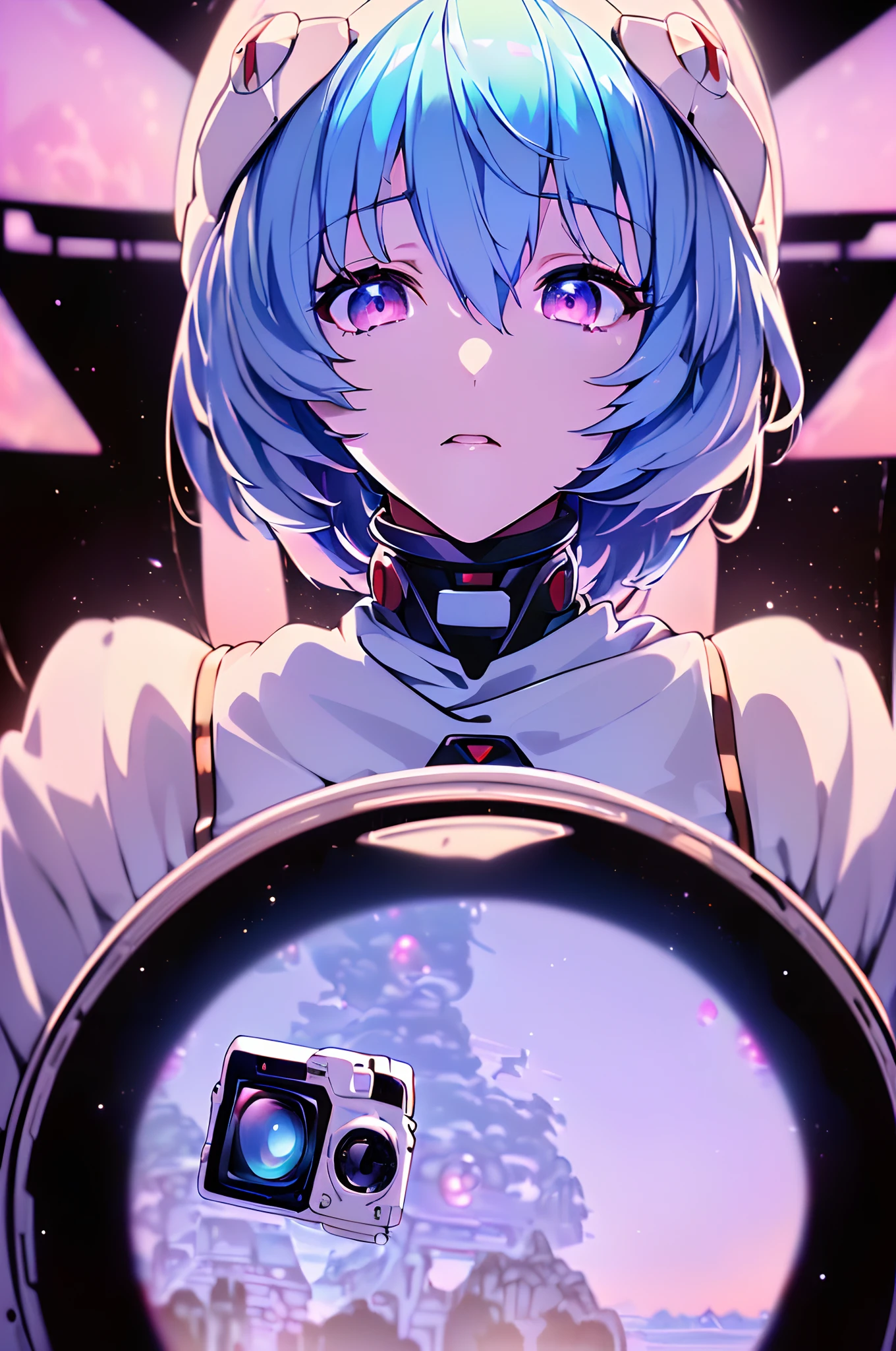 (((ayanami rei:))),headgear,1girl,solo,(masterpiece,best quality, official art,aim to viewers, beautiful and aesthetic:1.2),(ultra high res,spiral, golden ratio, (4k), see from above,((above the earth)),((in the space)),floating,good lighting, (photon mapping, radiosity, physically-based rendering,automatic white balance), technological sense,Amazing,sharp focus,rich background, (((high detailed skin,)))dynamic lighting,intricate detailed outfit,glowing eyes,watery eyes,((short hair,))deadpan, skiny,  turtle neck, short skirt,button shirt,(masterpiece sidelighting),(bishoujo,lustrous),(sky blue hair,pink eyes,）[[delicate fingers and hands:0.55]::0.85],(detail fingers),((((SLR camera lens reflected in the eyes,Ultra Photographic Quality,fisheye,ultra wide angles)))),((incredibly absurdres)),micro shot,((extremely_detailed_eyes_and_face)),(disheveled hair), dark black background, stellar space,a huge black hole in the background,FilmGirl