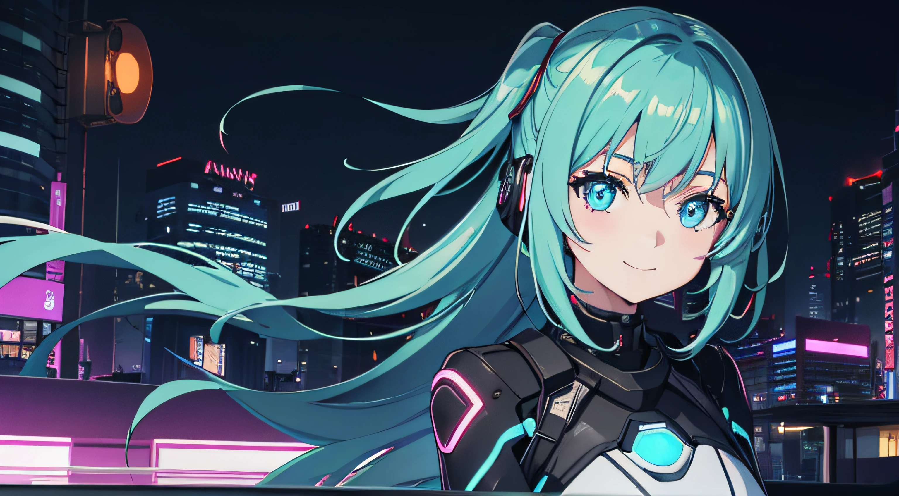 An anime-styled girl with captivating, perfect eyes, deeply engrossed in the world of music amidst a bustling night cityscape, the neon lights casting an ethereal glow on her, her eyes reflecting the urban energy and the melodies she's listening to, smiling expression, Digital artwork, emphasizing both the girl's eyes and the vibrant cityscape, with a dynamic interplay of colors and lighting, --ar 16:9 --v 5