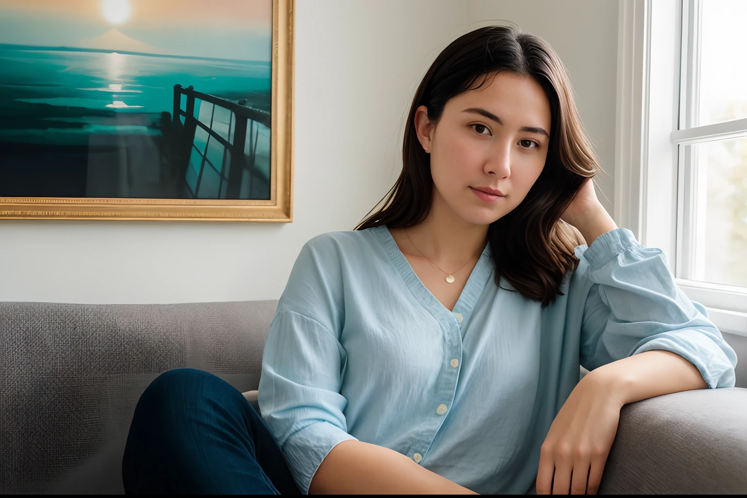 /imagine prompt: psychologist's office, sofa, desk, girl in the background is sitting on a couch, the woman in the portrait is not looking at the camera, freeze frame of the film, deft fields, (front light: 1.2), (fill light: 0.9), realism, film grain, bokeh, (backlighting:0.75), high quality, fashionable youth clothing, charming,artstation,smooth, sharp focus, soft lighting, cgsociety,artstation,(__hyperrealism:1.3),(__photorealism:1.3),(cmyk colors:0.5) ,naturalism, regionalism,shutterstock contest winner,popular on unsplash,featured on flickr:: hyperrealism::1 accentlighting::1 backlight::1 blindinglight::1 crepuscular::1.6 bulblighting::1 babyblueсolor::1 blue::1 mintcolor::1 cymk::1 backlight::1.7 --ar 16:9 --v 4