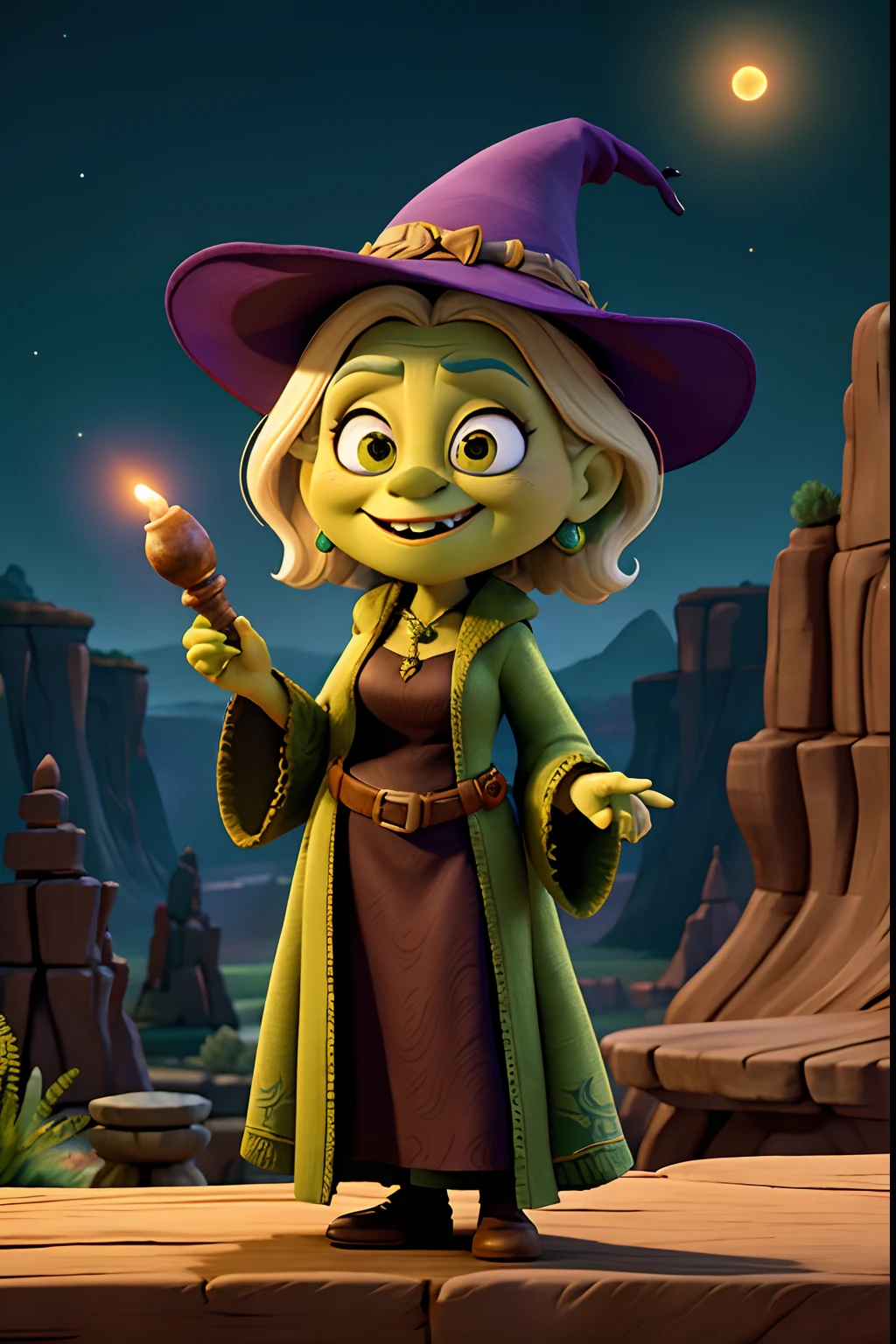 A woman who is an ugly old green witch, with dark robe and pointy hat, standing behind a table, mixing a deadly potion, background is a canyon with dark night sky, mood is fractious, recalcitrant, aggravating, agitating, night time light, character design.