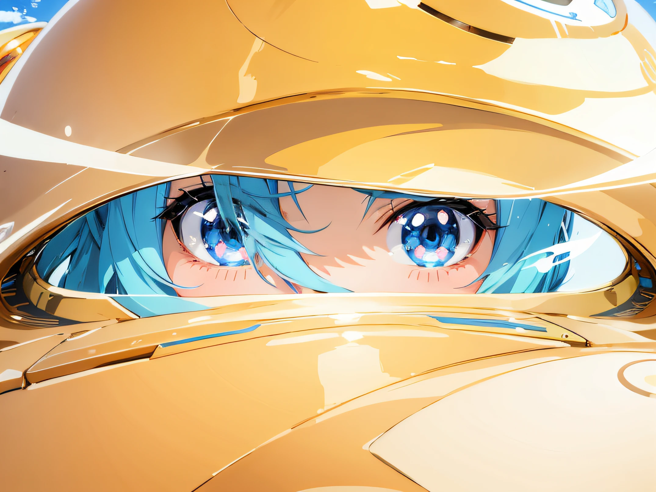 Anime girl with blue hair, peeking out of the yellow helmet, anime style 4 k, Anime style. 8K, digital anime illustration, sad azure eyes, detailed digital anime art, Anime Art Wallpapers 8K, clean detailed anime art, huge anime eyes, anime styled digital art, Концепт-арт Clear Eyes, Anime-style illustration, ufotable art style