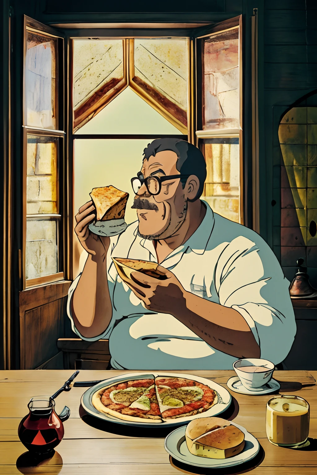 guttonerdvision24, Create a charming Studio Ghibli-style illustration that captures the essence of a chubby, bespectacled man who revels in gluttony. Defina a cena em uma cozinha aconchegante da fazenda, Iluminado por suave, warm sunlight streaming through a window. The ambiance radiates the rustic charm of a farmhouse, complete with weathered wooden furniture and a warm atmosphere.The focal point of the illustration is the jovial, burly man sitting at the table. Seu rosto brilha de alegria desenfreada ao contemplar a festa que se lhe apresenta. em cima da mesa, You'll find a mouth-watering cream that includes pizza slices, fresh bread, uma variedade de bebidas, bolos deliciosos, e doces. His hands eagerly reach for another slice of pizza, His face glowed with pure satisfaction.A luz natural da janela banha a cena de forma suave, warm ilumination, casting soft shadows that add depth and realism to the composition. Emphasize the man and his culinary indulgence, desfoque intencionalmente o plano de fundo, criando um contraste visual impressionante.The illustration should embrace the distinctive style of Studio Ghibli, conhecido por seu design de personagem extravagante e realista. This style emphasizes details rich in expressions, creating characters that are charming and relatable.Rendering must be ultra-thin, with 8K resolution, garantindo que cada detalhe, From man's face to food textures, é exquisitely rendered.This scene beautifully captures the theme of indulgence and gluttony in a warm and inviting farmhouse setting, by infusing it with the magical and thrilling qualities of Studio Ghibli's narrative.