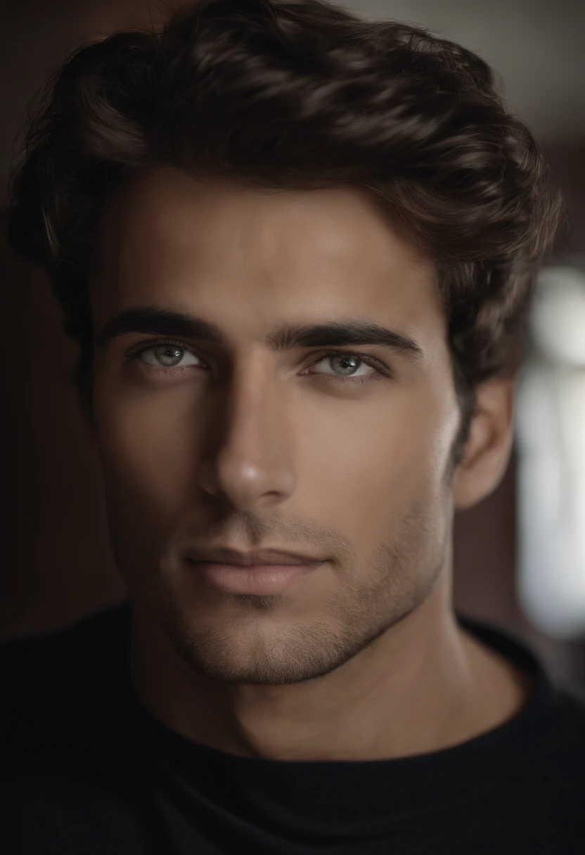 Fotografia do rosto de um homem sorrindo, usa uma blusa preta, busto muito pesado, cabelo curto, look-at-camera, symmetric eyes, fotorrealista, Cineasta, Rastreamento de rotas, specular illumination, Volumetric light for the face, Path traced by the hair, visible shadows, intrincado, elaborar, Hiper realista