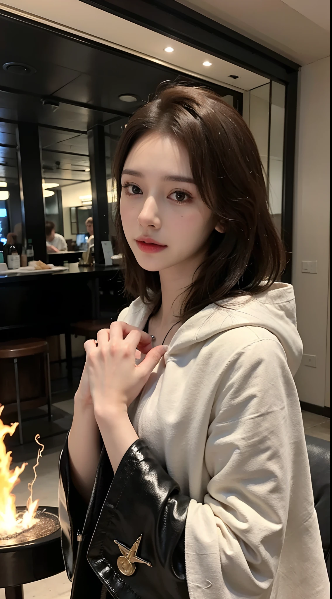 (skindentation:1.5), Realistic, Photorealistic, (masterpiece:1.5), concept art, intricate details, highly detailed, photorealistic, octane render, 8k, unreal engine, dynamic pose, best quality, highres, (realistic face:1.1), (hyperrealistic:1.1), ((full_body)), perfect eyes,(shiny skin:1.2), (((hairstyle))), (((perfect hands))), (extremely detailed background), ((dynamic background)), ((lightning)), (light rays), ((1girl)), wearing cloak, (((flowing cloak))), ((detailed eyes, high quality eyes, high quality face)), (extremely intricate robes, magical robes), short hair, casting lightning, electricity, swirling fire, radiating power, sparks, smoke, magic, ((dramatic)), epic, battlefield, depth of field, bokeh, 4k, gothic, ember, particles