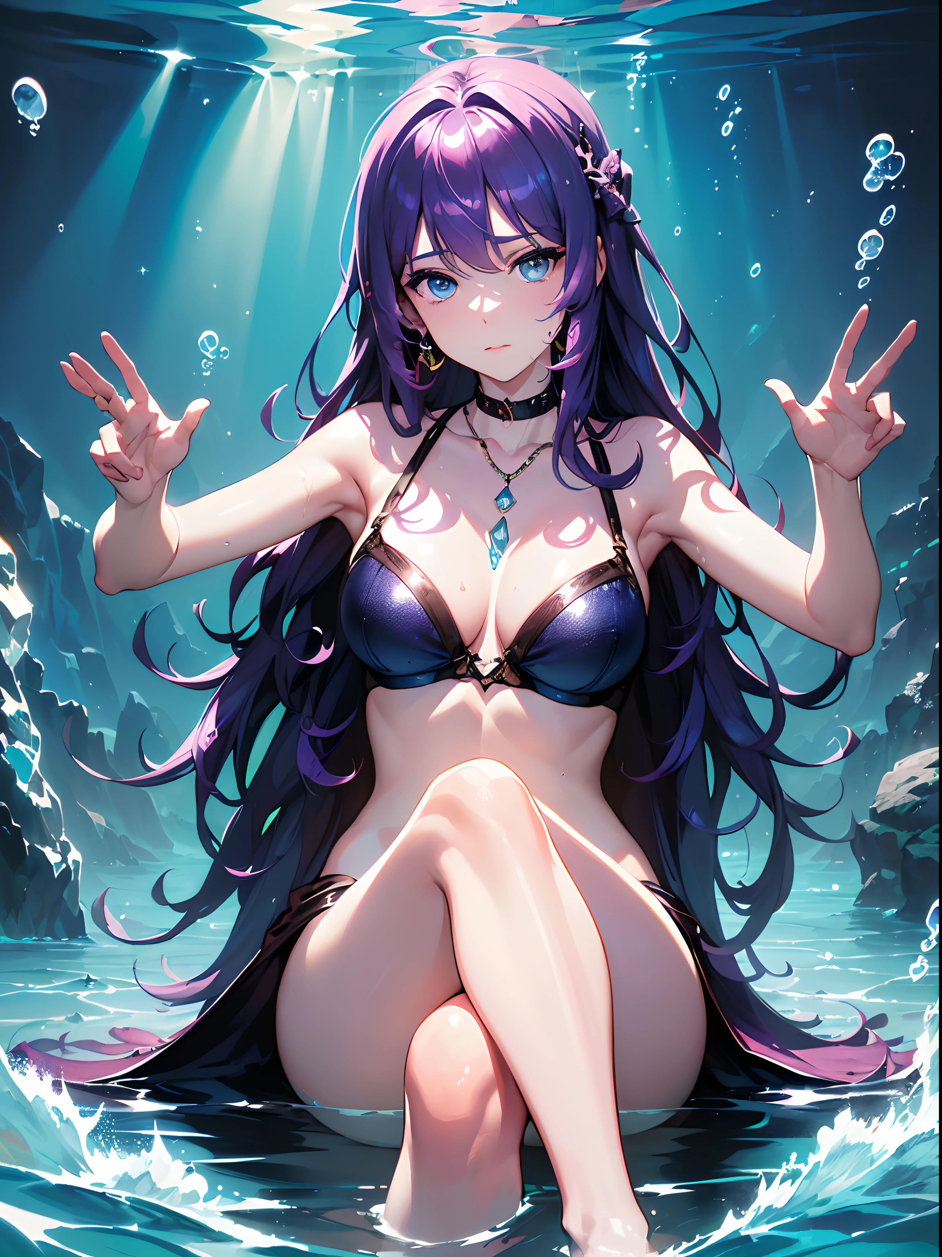 ((((((BREAK,Design an image with a fisheye lens effect, capturing a wide field of view with a distinctive, curved perspective.BREAK,)))))((1girl:1.1,solo,))(masterpiece,best quality, official art,aim to viewers, beautiful and aesthetic:1.3),((ultra high res,golden ratio,)) (4k),((from below,low visibility, dreamland,)),((((spiral bubbles,)))),((((underwater, In the enigmatic depths of the ocean,))))(fantasy,)((psychedelic)),((dreamy)),((holographic,))radiosity, physically-based rendering,automatic white balance), technological sense,Amazing,sharp focus,detailed background,rich background,astonishing background, (((high detailed skin,)))dynamic lighting,intricate detailed outfit,glowing eyes,watery eyes,((extremely long hair,hair over shoulders)),skiny,slender,smooth beast,smooth legs,grey wedding dress,((musical notes,head bang)),(masterpiece sidelighting),((water currents and ripples, contrast between deep-sea darkness and emitted light,))(((hyper realistic lifelike 3d,)))(bishoujo,lustrous),(purple hair,sky blue eyes,）[[delicate fingers and hands:0.55]::0.85],(detail fingers),(((Ultra Photographic Quality,ultra wide angles)))),((incredibly absurdres,photoreality)),(realilty:0.7),((outstretched hands,))((sitting:0.5,dark shot:0.8,))((extremely_detailed_eyes_and_face)),(disheveled hair),FilmGirl,(dynamic configuration: 0.9),Brilliant,drifting Nebula,ethereal, glossy ,striking contrast,high saturation