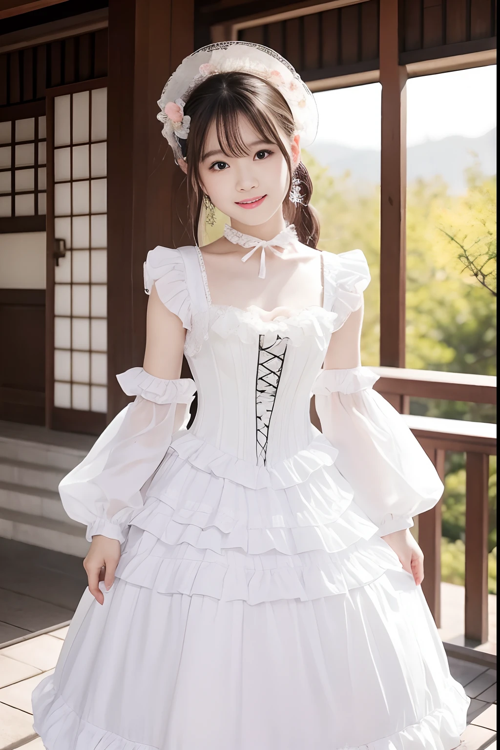 8K.Top image quality、１６age、Cute female idol in Japan、A slight smil,Pastels by Fren May, Tumbler, rokoko, frilly outfit, Lori, light milky white porcelain skin, pale snow-white skin, sha xi, 2263539546], elegant corset, fairycore, shikamimi,  in dress
