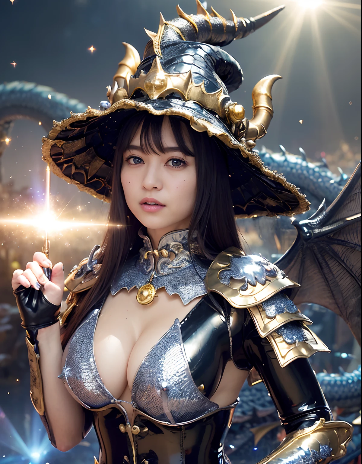 ((World of Darkness)),Professional , masterpiece、top-quality、photos realistic , depth of fields 、(((With a magic wand of gems))),(Dragon White Metal Body:1.9),(latexsilver-blue、(cleavage of the breast)(Fight dragons)、、(((Particles of light))),(Micro Bikini Armor:1.7),Gorgeous gold weapons ,(Fight dragons)、Seductive look、(blood splattere、((((With a magic wand))), ) , (((Wearing a black latex wizard hat))),(demonic wings) ,(a beauty girl) ,((a blond))、(Castle background)、((Gangle's forest background))、Beautiful Caucasian beauty、1a person、dynamic ungle,(((Detailed and ornate dragon wizard hat)))、Smaller head、A smile、Castle background、Thin and beautiful female hands、cleavage of the breast、Soldier in iron armor on background、Mystical expression、Light Effects、intense fighting、Wind-effect、magic circles、With the legendary magic wand、Dragon's tail、explosions、Toostock、Toostock、