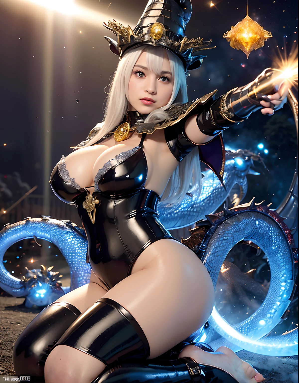 ((World of Darkness)),Professional , masterpiece、top-quality、photos realistic , depth of fields 、(((With a magic wand of gems))),(Dragon White Metal Body:1.9),(latexsilver-blue、(cleavage of the breast)(Fight dragons)、、(((Particles of light))),(Micro Bikini Armor:1.7),Gorgeous gold weapons ,(Fight dragons)、Seductive look、(blood splattere、((((With a magic wand))), ) , (((Wearing a black latex wizard hat))),(demonic wings) ,(a beauty girl) ,((a blond))、(Castle background)、((Gangle's forest background))、Beautiful Caucasian beauty、1a person、dynamic ungle,(((Detailed and ornate dragon wizard hat)))、Smaller head、A smile、Castle background、Thin and beautiful female hands、cleavage of the breast、Soldier in iron armor on background、Mystical expression、Light Effects、intense fighting、Wind-effect、magic circles、With the legendary magic wand、Dragon's tail、explosions、Toostock、Toostock、
