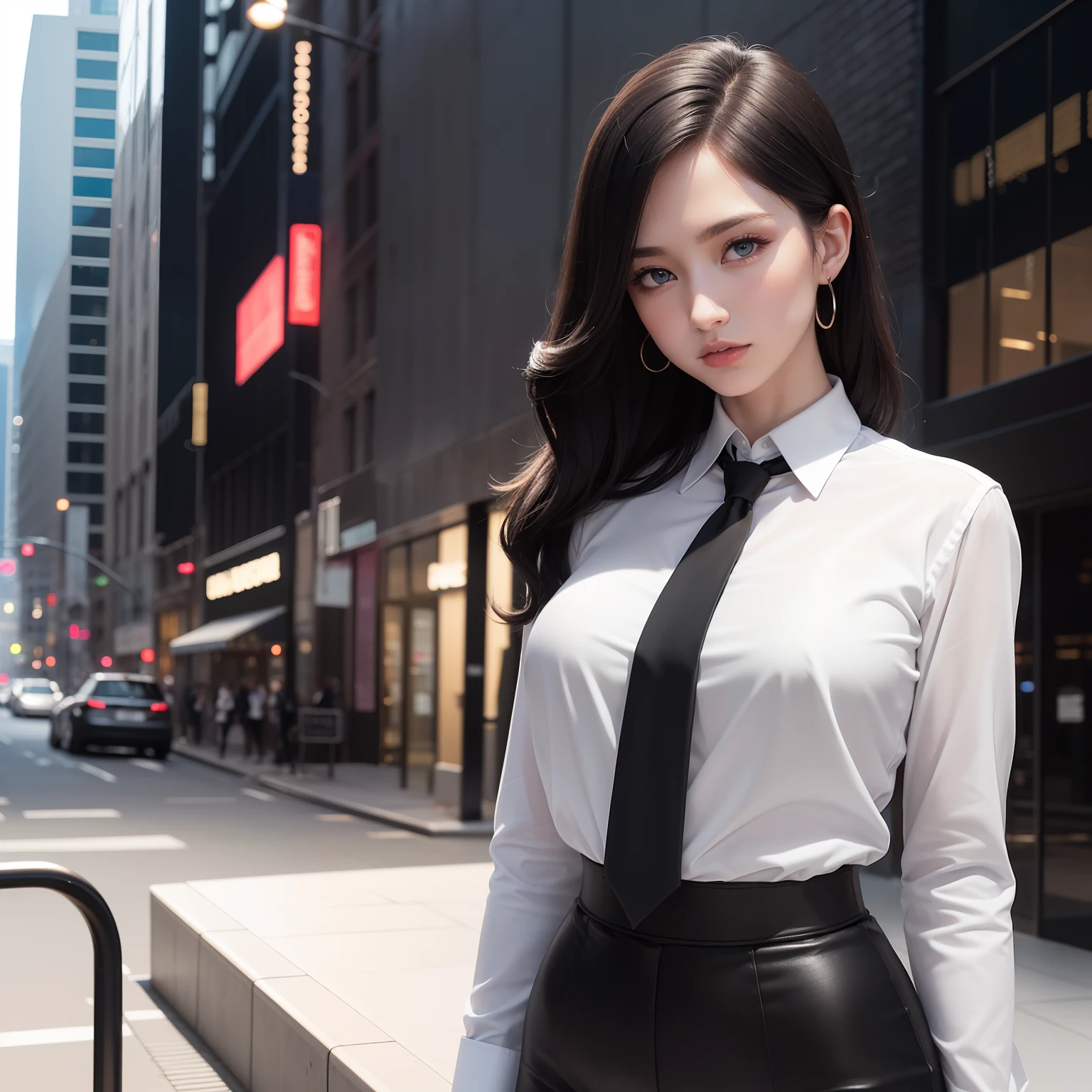 Solo, (Black Suit, Black tie, White shirt, Black pants), Black business suit, An ultra-high picture quality, Super Detail, 超A high resolution, perfect beautiful female, short wavy hair with white sheen, Big blue eyes, Red seductive moist big thick lips, Amorous expression, lewd expression, great proportion, perfectly proportions, slender, Midnight Wall Street Street in the background, Professional Lighting