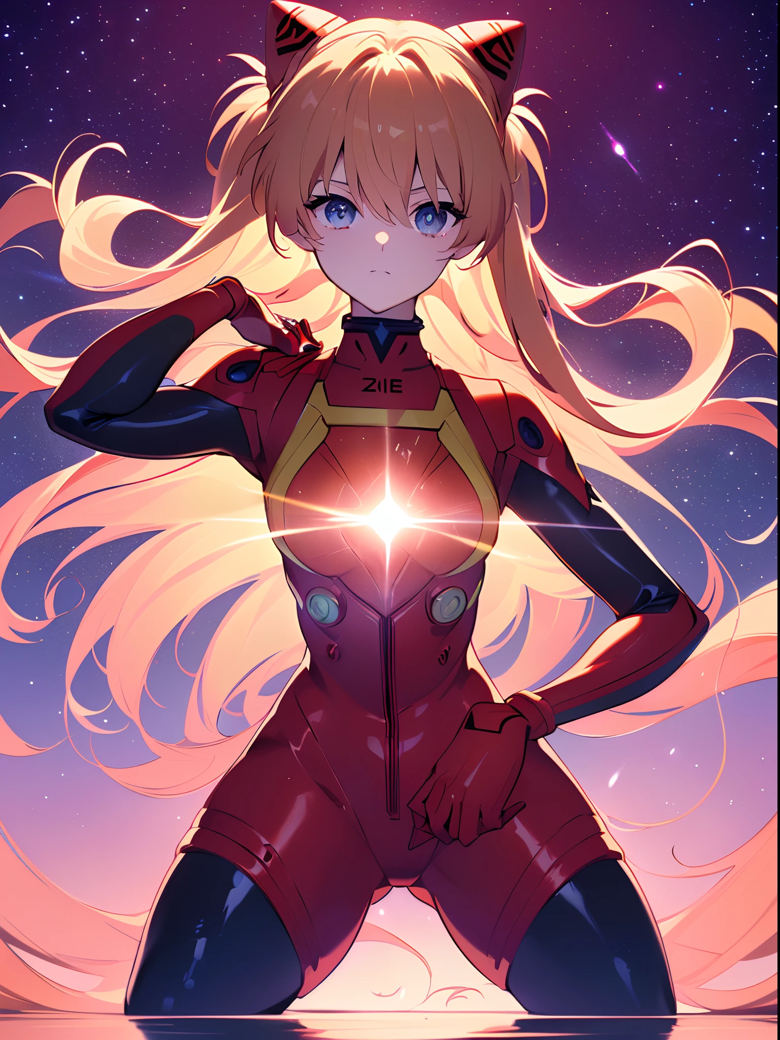 ((souryuu asuka langley, interface headset, red bodysuit:1.4, blonde)),(glowing eyes:1.233),(beautiful and detailed eyes:1.1),(expressionless,closed mouth),(standing), 1girl,solo,(masterpiece,best quality, official art,aim to viewers, beautiful and aesthetic:1.2),(ultra high res,spiral, golden ratio, (4k), see from above,((above the earth)),((in the space)),floating,good lighting, (photon mapping, radiosity, physically-based rendering,automatic white balance), technological sense,Amazing,sharp focus,rich background, (((high detailed skin,)))dynamic lighting,intricate detailed outfit,glowing eyes,watery eyes,(masterpiece sidelighting),(bishoujo,lustrous),[[delicate fingers and hands:0.55]::0.85],(detail fingers),((((SLR camera lens reflected in the eyes,Ultra Photographic Quality,fisheye,ultra wide angles)))),((incredibly absurdres)),micro shot,((extremely_detailed_eyes_and_face)),(disheveled hair),darkness,FilmGirl,It appears to be taken from high above the clouds, as the viewer is presented with a stunning panoramic view of the vast expanse of the sky. The stars twinkle and glimmer, creating a mesmerizing spectacle that is truly awe-inspiring. A colorful rainbow is also visible in the distance, adding a pop of vibrant hues to the otherwise serene and tranquil atmosphere. The sun shines brightly, casting a warm and welcoming glow over the entire scene. Overall, this image is a symphony of colors, light, and beauty that transports the viewer to another world entirely.